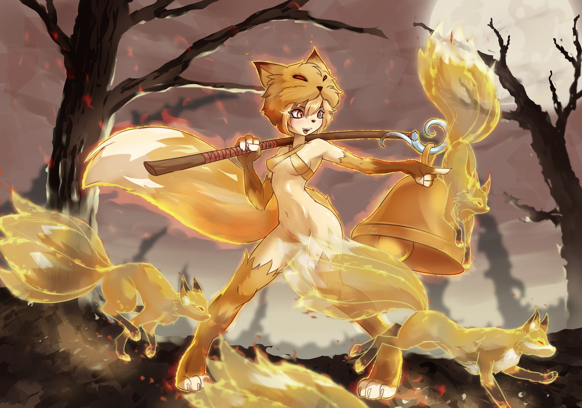 moonlight flower, nine tail (ragnarok online), ragnarok online, commentary, english commentary, highres, 1girl, amayon, animal ears, animal feet, animal hands, bare tree, bell, blonde hair, bottomless, bra, breasts, brown sky, criss-cross halter, fox, fox ears, fox girl, fox hat, fox tail, full body, full moon, halterneck, holding, holding staff, kitsune, looking afar, medium breasts, moon, navel, open mouth, pointing, pointing forward, short hair, smile, snout, solo, staff, standing, tail, tail censor, tree, underwear, yellow bra, yellow eyes