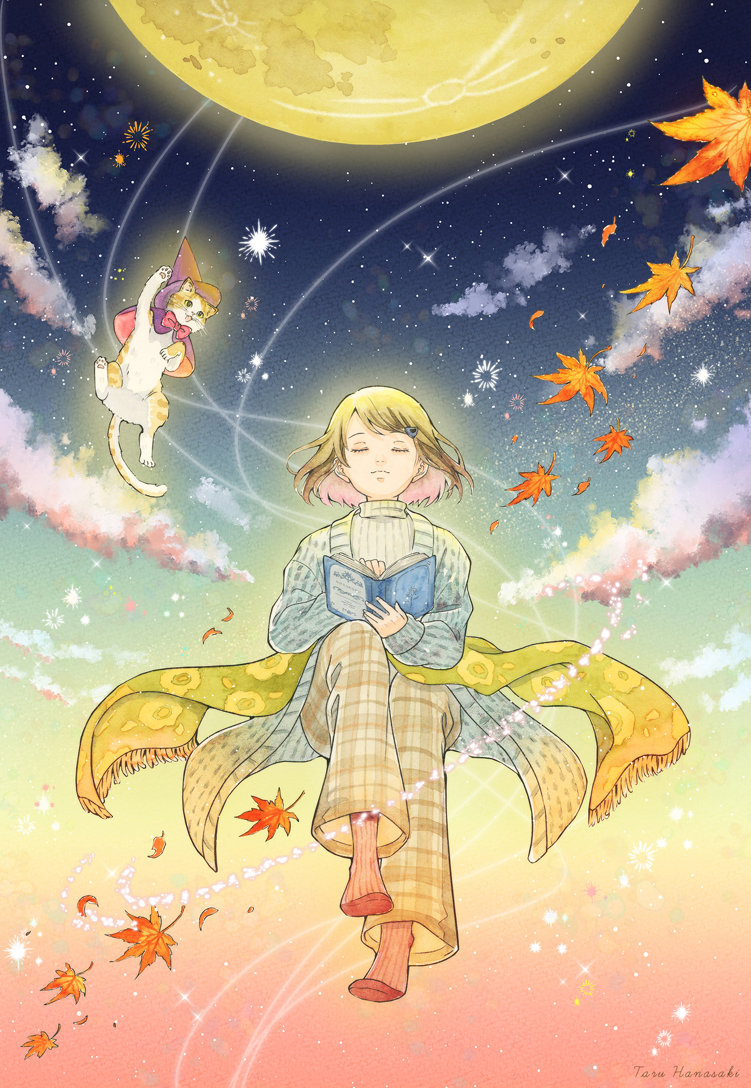 hanasaki taru, original, commentary request, highres, painting (medium), traditional media, watercolor (medium), 1girl, animal, artist name, autumn leaves, blanket, blue cardigan, book, brown hair, brown pants, cardigan, cat, closed eyes, closed mouth, clothed animal, cloud, full body, full moon, gradient sky, holding, holding book, leaf, long sleeves, midair, moon, open book, open cardigan, open clothes, outdoors, pants, plaid clothes, plaid pants, short hair, sky, solo, star (sky), starry sky, sweater, white sweater