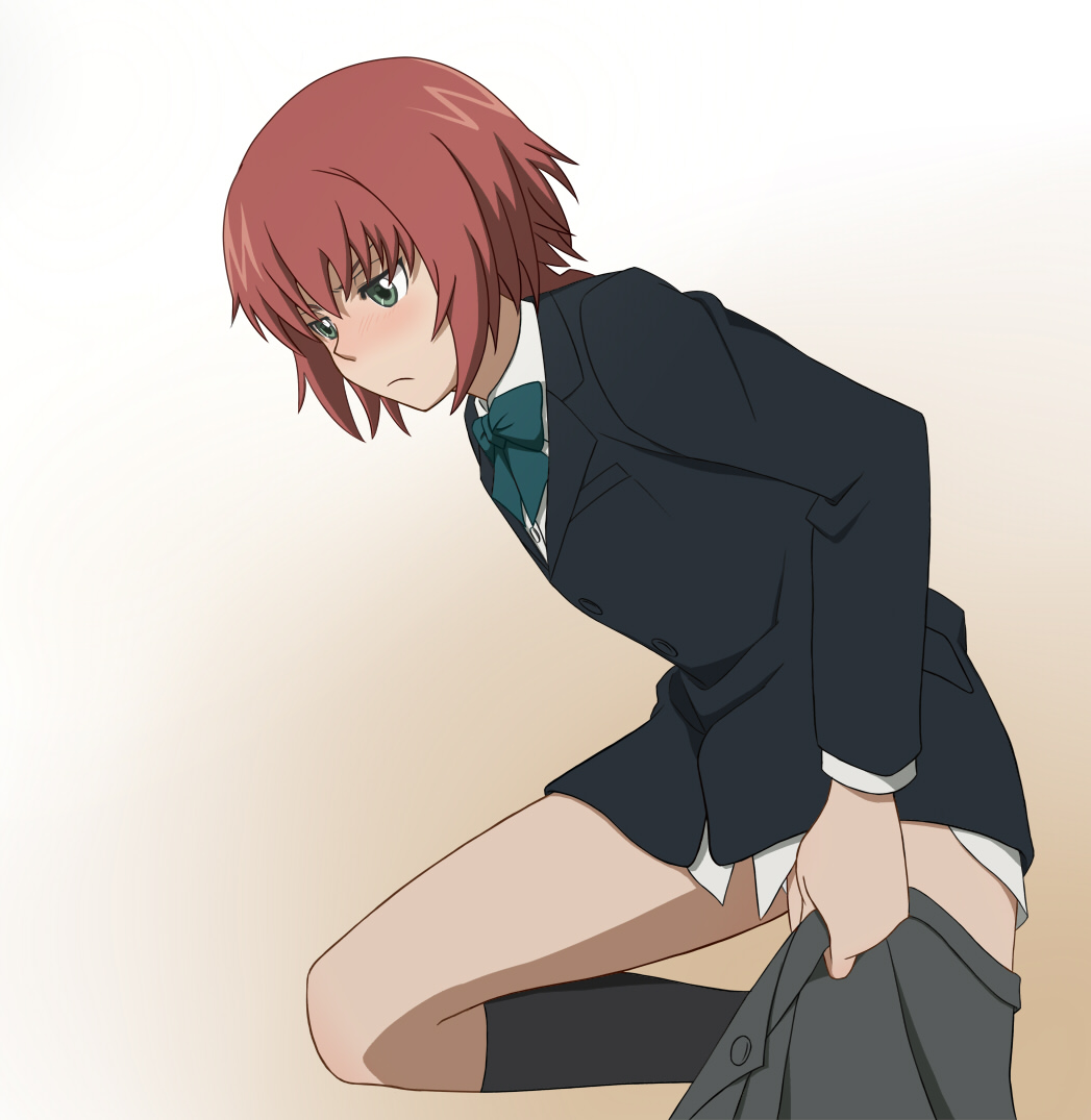 rp (necho), suou pavlichenko, darker than black, 00s, 1girl, blazer, blush, dressing, female focus, frown, green eyes, jacket, panties, red hair, school uniform, short hair, skirt, socks, solo, underwear, undressing