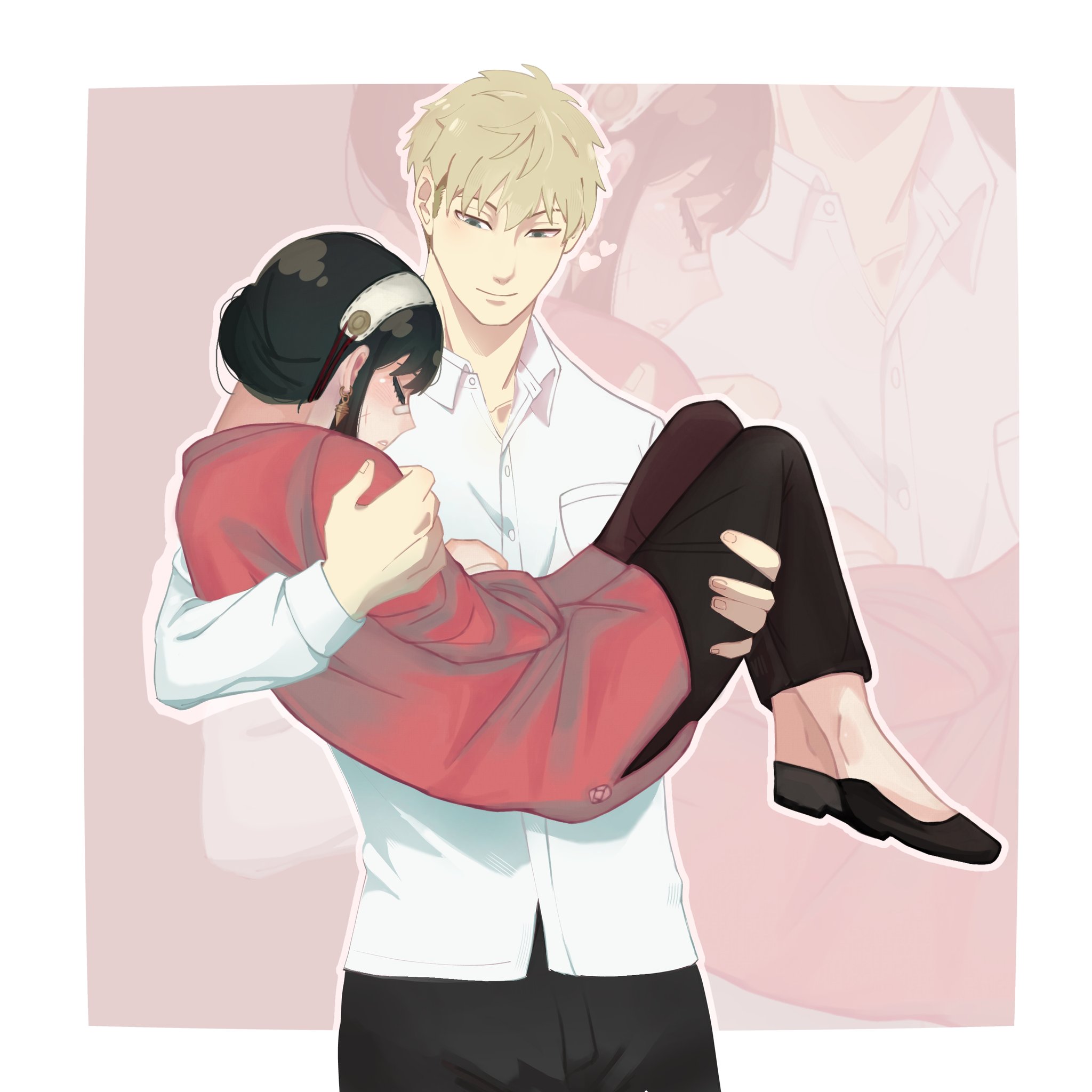 twilight (spy x family), yor briar, spy x family, commentary, english commentary, highres, 1boy, 1girl, black hair, blonde hair, breasts, carrying, closed eyes, earrings, hairband, hetero, husband and wife, ilovemywifeyor, jewelry, long hair, long sleeves, princess carry, shirt, short hair, sidelocks, smile