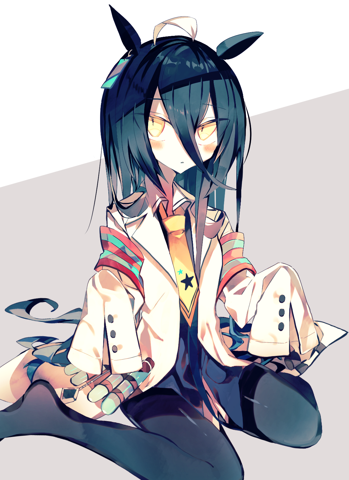 meto (metrin), manhattan cafe (umamusume), umamusume, commentary request, highres, 1girl, animal ears, black hair, black pantyhose, blush, borrowed clothes, coat, cork, ear ornament, ear tag, earrings, hair between eyes, horse ears, horse girl, horse tail, jewelry, lab coat, long hair, long hair between eyes, multicolored hair, necktie, open clothes, open coat, pantyhose, parted lips, single earring, sitting, sleeves past fingers, sleeves past wrists, solo, tail, test tube, thighband pantyhose, triangle mouth, very long hair, wariza, white coat, white hair, yellow necktie