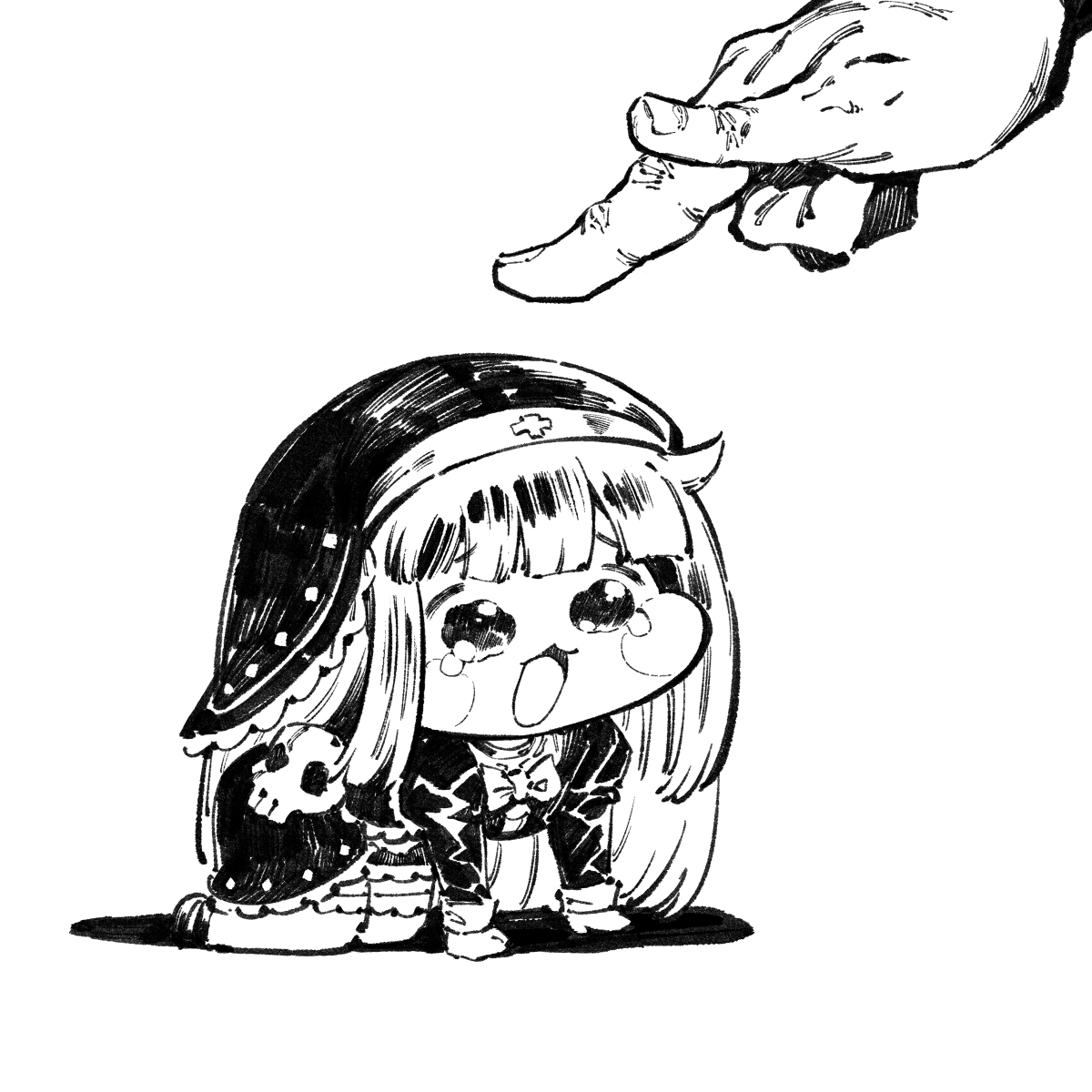 bacius, leader (trickcal), speaki (trickcal), trickcal, highres, 1girl, 1other, :3, all fours, blunt bangs, blush, bow, bowtie, chibi, chibi only, coif, dress, full body, greyscale, long hair, meme, monochrome, open mouth, simple background, skull, solo focus, speakiposting (meme), tearing up