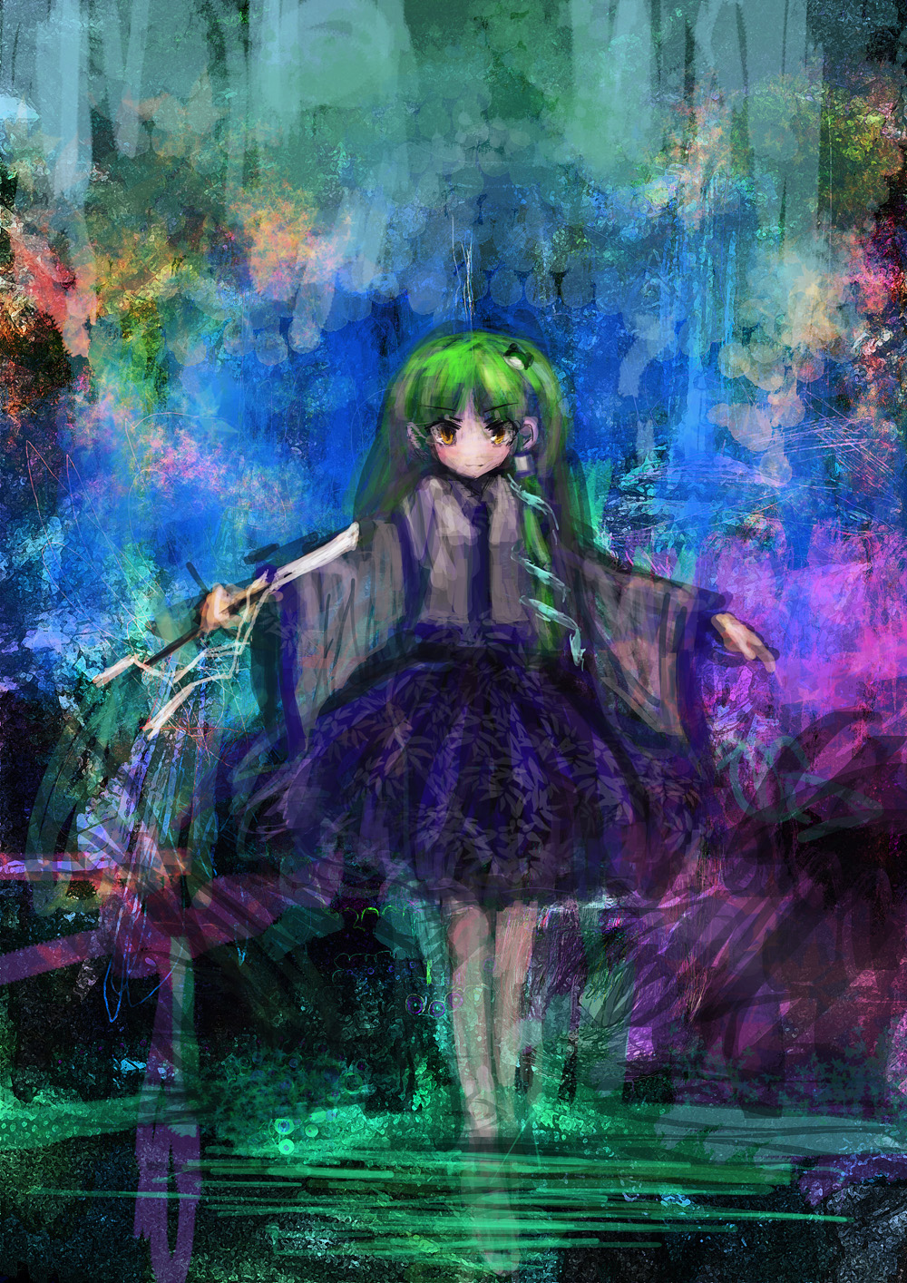 lm7 (op-center), kochiya sanae, touhou, bad id, bad pixiv id, highres, 1girl, colorful, female focus, frog, green hair, hair ornament, outstretched arms, snake, solo, spread arms, standing, yellow eyes