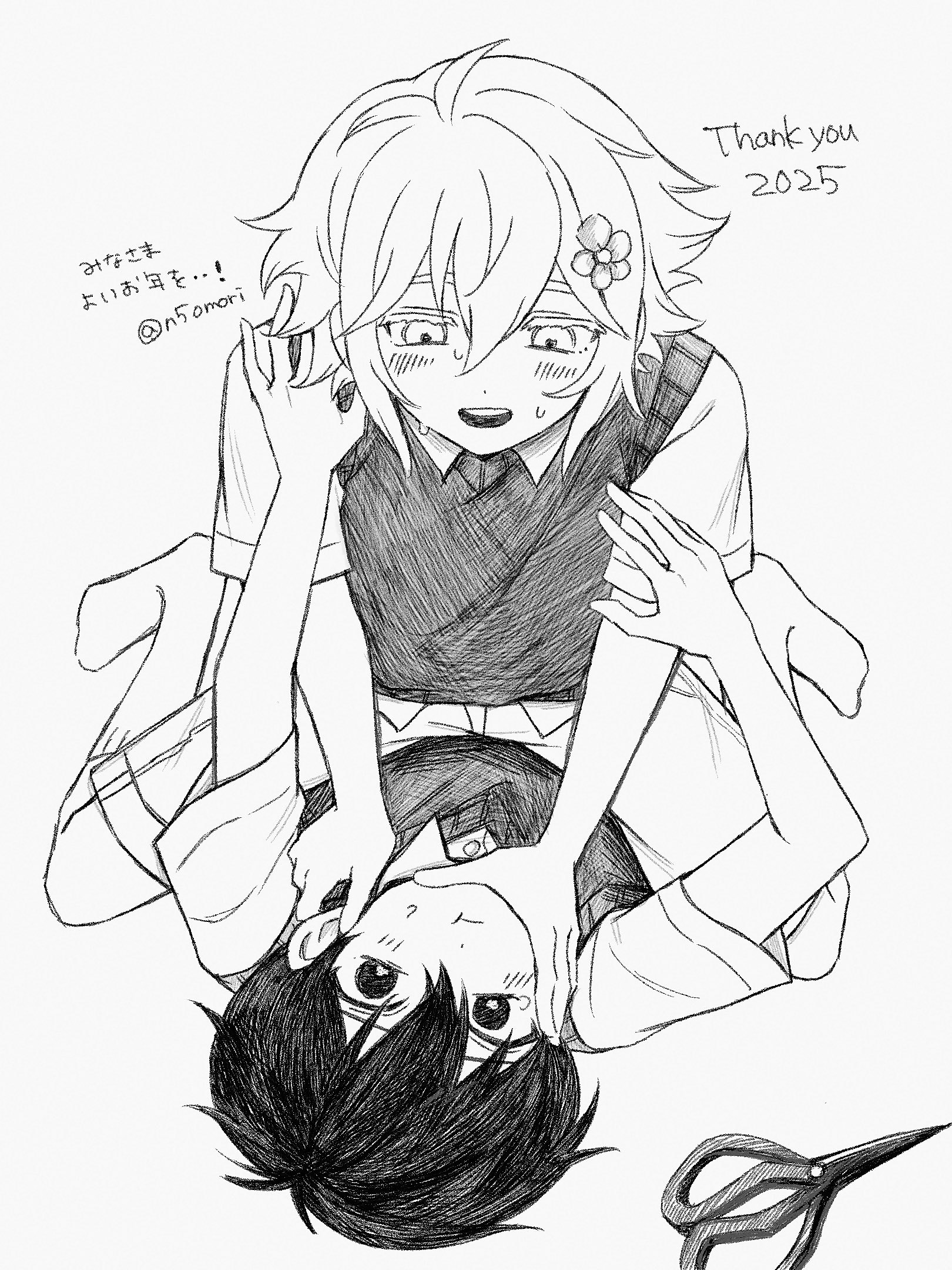 sebon (sebochin), basil (faraway) (omori), basil (omori), sunny (omori), omori, commentary request, highres, translation request, 2025, 2boys, antenna hair, blush, closed mouth, collared shirt, double-parted bangs, flower, gardening shears, greyscale, hair between eyes, hair flower, hair ornament, looking at another, male focus, monochrome, multiple boys, open mouth, shirt, short hair, short sleeves, shorts, sidelocks, simple background, sketch, smile, socks, straddling, sweat, sweater vest, teeth, twitter username, upper teeth only