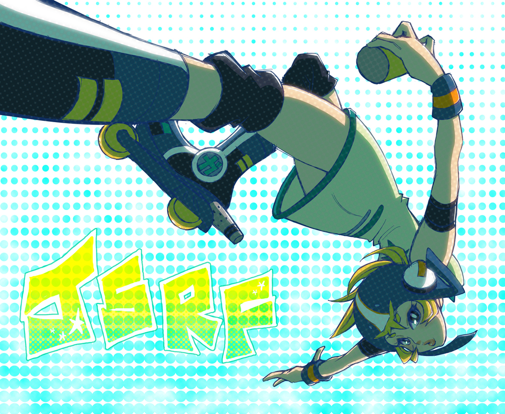 koppe, ladama, gum (jsr), jet set radio, jet set radio future, sega, 1girl, armband, backflip, dress, female focus, halftone, halftone background, helmet, inline skates, roller skates, skates, solo, spray paint, wristband, y2k fashion