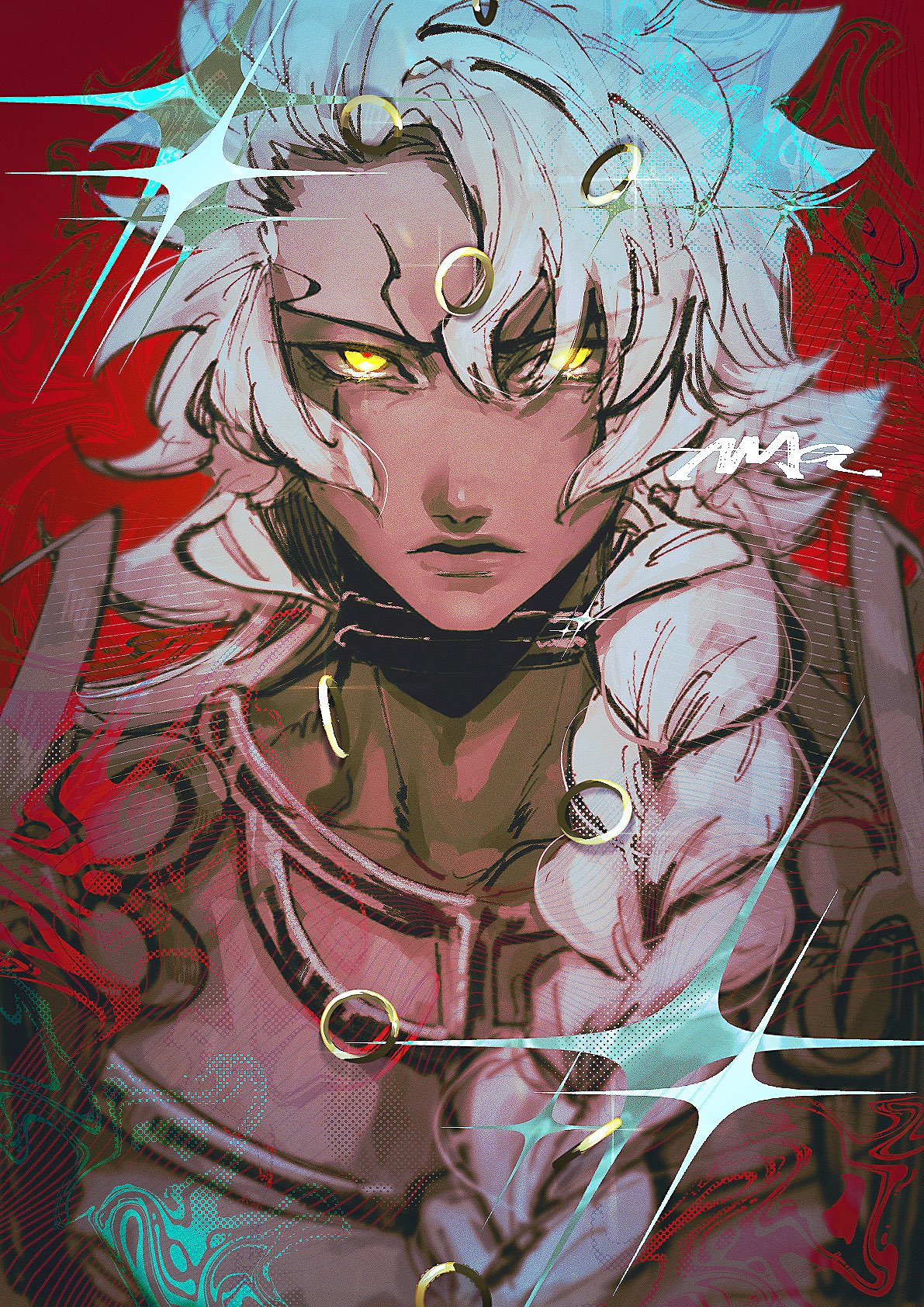 solomon (fate), fate/grand order, fate (series), commentary, highres, 0 jojo u, 1boy, braid, chromatic aberration, collarbone, eyes visible through hair, facial mark, floating, floating object, frown, glowing, glowing eyes, hair over one eye, heavy chromatic aberration, jewelry, long hair, looking at viewer, male focus, ring, side braid, solo, star (symbol), upper body, white hair, yellow eyes