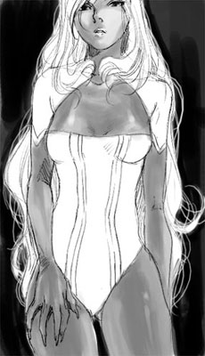 fran (ff12), final fantasy, final fantasy xii, lowres, 00s, black background, breasts, dark skin, fingernails, long hair, monochrome, simple background, sketch, swimsuit, white hair