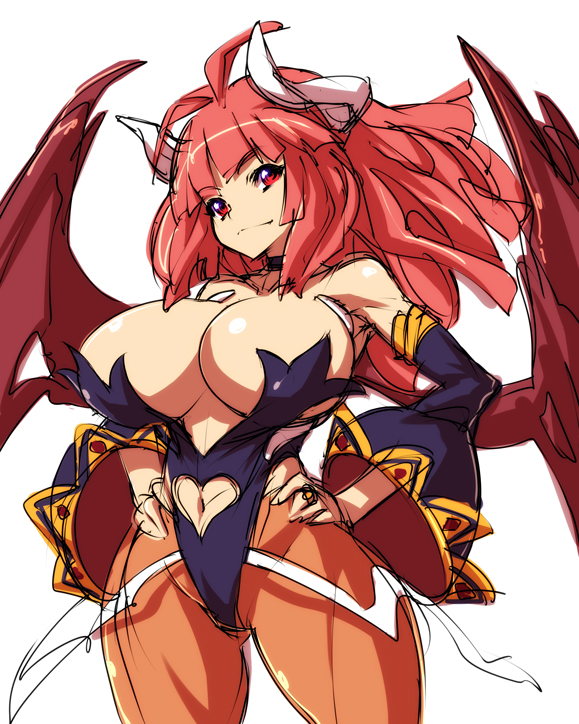 nekomamire, maou prier, prier, la pucelle, nippon ichi, 1girl, bare shoulders, bat wings, breasts, cleavage, clothing cutout, demon girl, female focus, heart cutout, horns, huge breasts, navel, navel cutout, pantyhose, red eyes, red hair, revealing clothes, smile, solo, wings