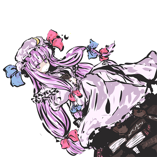 ekusutoy, patchouli knowledge, touhou, 1girl, bow, dress, dutch angle, female focus, hair bow, hat, long hair, looking at viewer, mob cap, multi-tied hair, multiple hair bows, purple dress, purple eyes, purple hair, simple background, solo, very long hair, white background