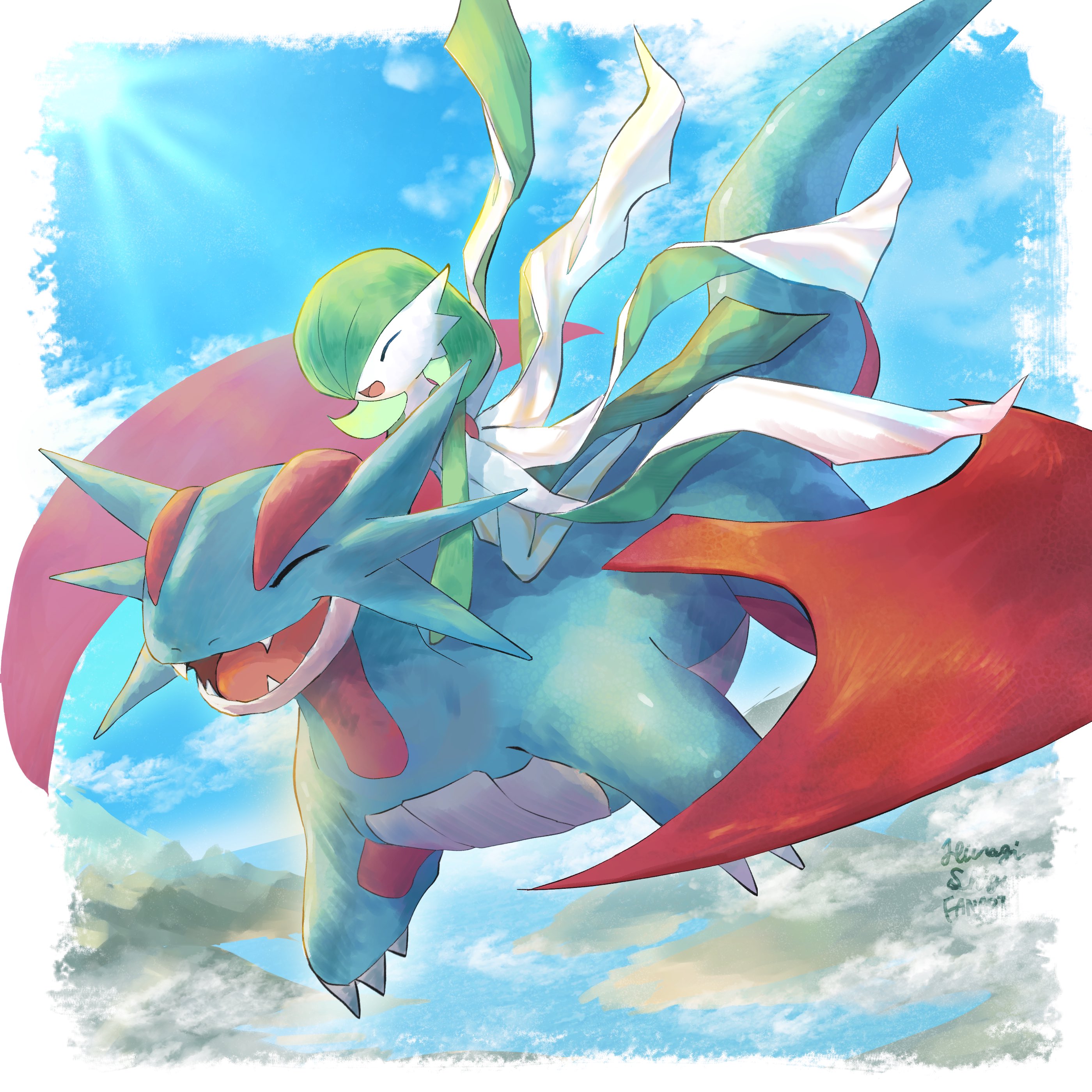 hiiragishiyu, gardevoir, salamence, nintendo, pokemon, absurdres, commentary request, highres, blue skin, blue sky, claws, closed eyes, colored skin, dragon, dragon wings, dress, fangs, gen 3 pokemon, green skin, multicolored skin, open mouth, pokemon (creature), riding dragon, signature, sky, smile, two-tone skin, white dress, white skin, wings