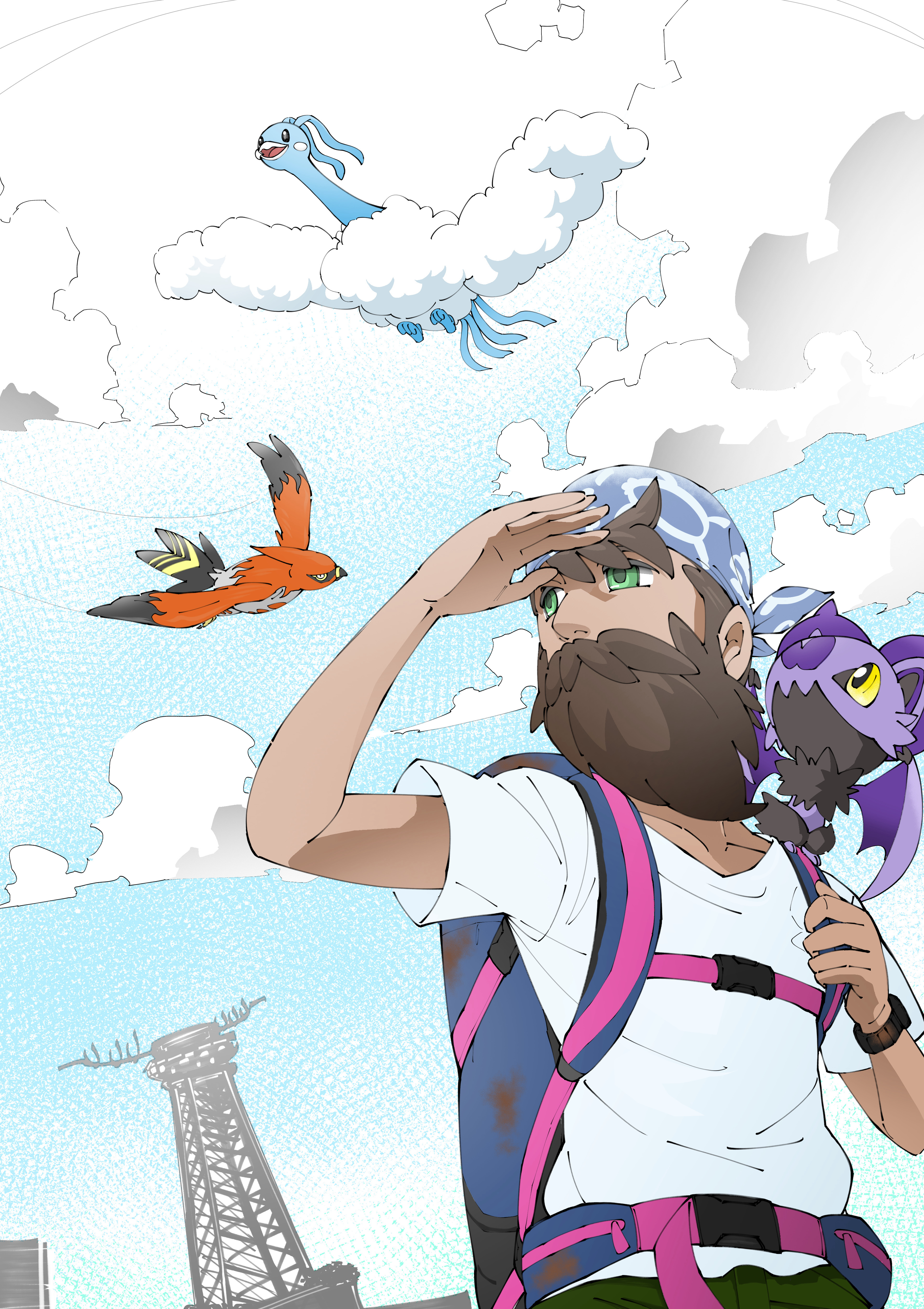 user macu7727, backpacker (pokemon), noibat, swablu, talonflame, nintendo, pokemon, pokemon legends: z-a, absurdres, commentary request, highres, 1boy, backpack, bag, bandana, beard, bird, blue bandana, blue sky, brown hair, closed mouth, cloud, collarbone, day, facial hair, flying, gen 3 pokemon, gen 6 pokemon, green eyes, hand up, holding strap, male focus, on shoulder, open mouth, outdoors, pokemon (creature), pokemon on shoulder, prism tower, purple bag, shirt, short sleeves, sky, smile, tower, white shirt