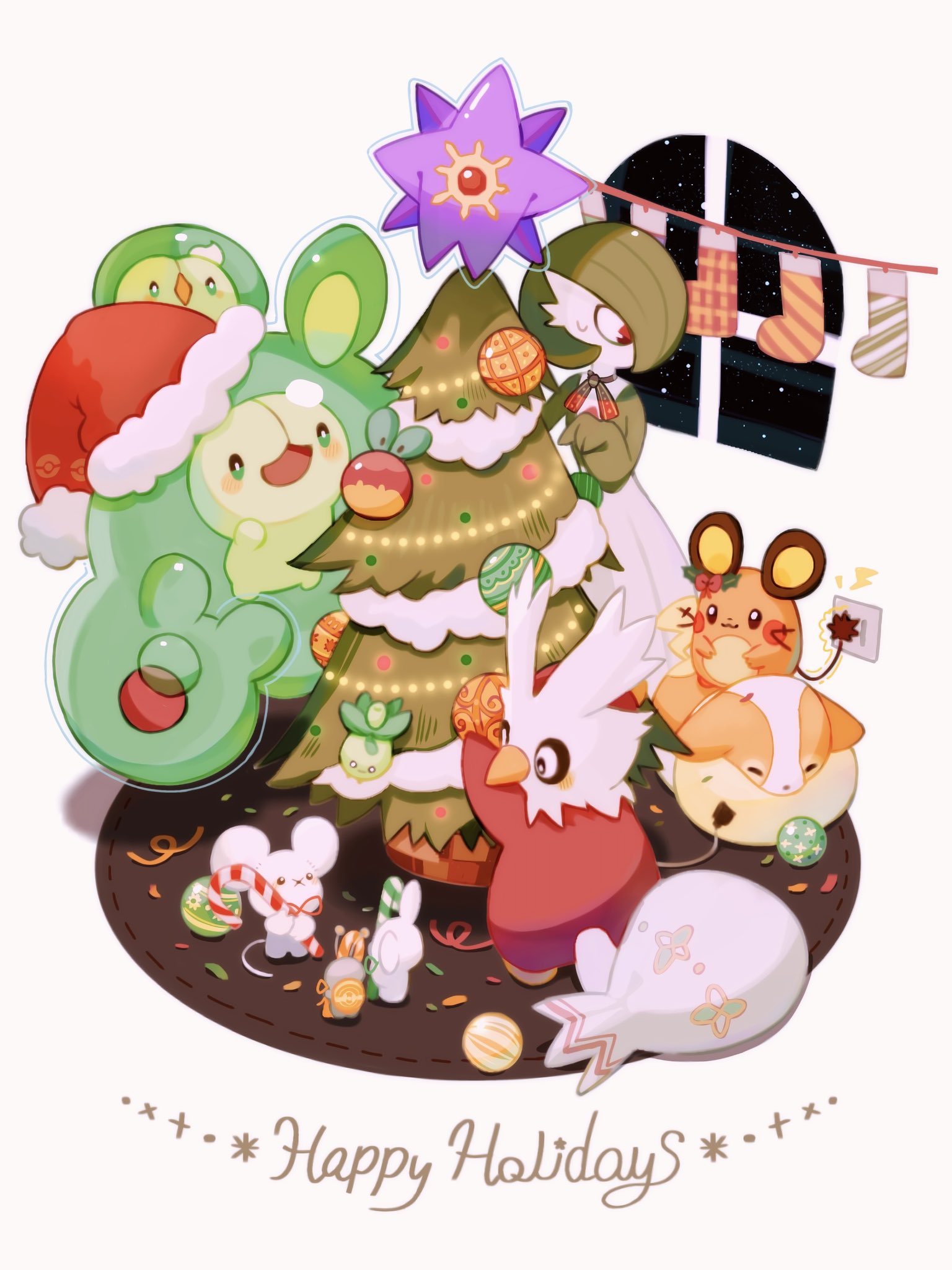 harumomo (@harumomo123456), applin, dedenne, delibird, gardevoir, gimmighoul, gimmighoul (roaming), maushold, reuniclus, smoliv, solosis, starmie, yamper, nintendo, pokemon, highres, bob cut, candy, candy cane, christmas, christmas ornaments, christmas tree, colored skin, food, gen 1 pokemon, gen 2 pokemon, gen 3 pokemon, gen 5 pokemon, gen 6 pokemon, gen 8 pokemon, green hair, green skin, happy holidays, hat, holding, holding candy, holding candy cane, holding food, multicolored skin, open mouth, pokemon (creature), red eyes, santa hat, smile, sweatdrop, tree, two-tone skin, white skin, window