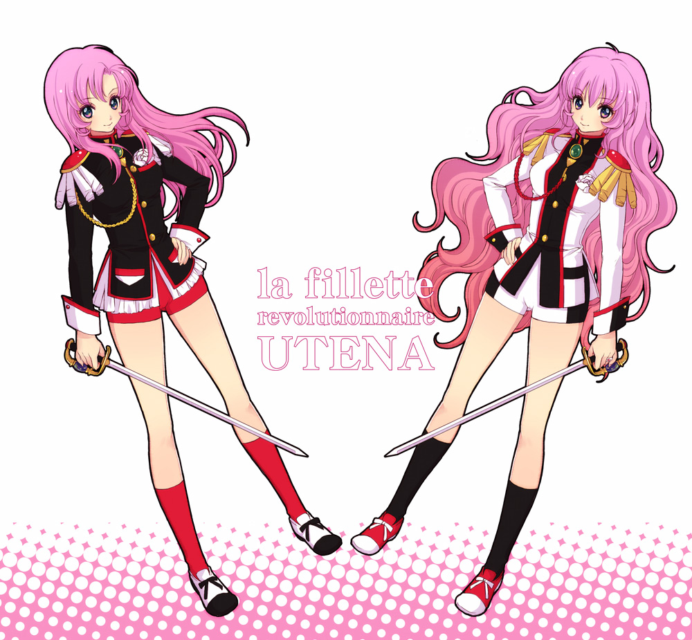 sami (3a3i3a3i), tenjou utena, shoujo kakumei utena, shoujo kakumei utena adolescence mokushiroku, bad id, bad pixiv id, 1990s (style), 1girl, aiguillette, bike shorts, copyright name, curly hair, dual persona, epaulettes, flower, hand on own hip, hip focus, jewelry, long hair, pink eyes, pink hair, retro artstyle, ring, rose, shorts, smile, sword, very long hair, weapon