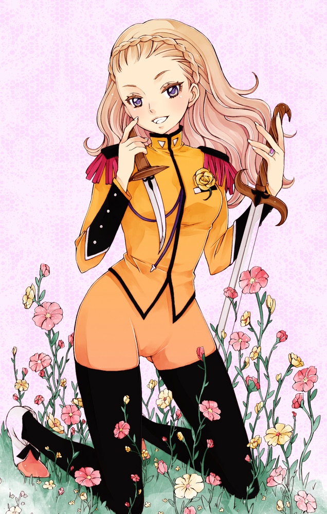sami (3a3i3a3i), kiryuu nanami, shoujo kakumei utena, uniform, bad id, bad pixiv id, 1990s (style), 1girl, aiguillette, black pantyhose, blonde hair, boutonniere, braid, crown braid, dagger, dual wielding, epaulettes, female focus, flower, grin, holding, holding dagger, holding knife, holding weapon, jewelry, kneeling, knife, long hair, pantyhose, purple eyes, retro artstyle, ring, rose, shoes, shorts, smile, solo, sword, thighhighs, weapon, yellow flower, yellow rose