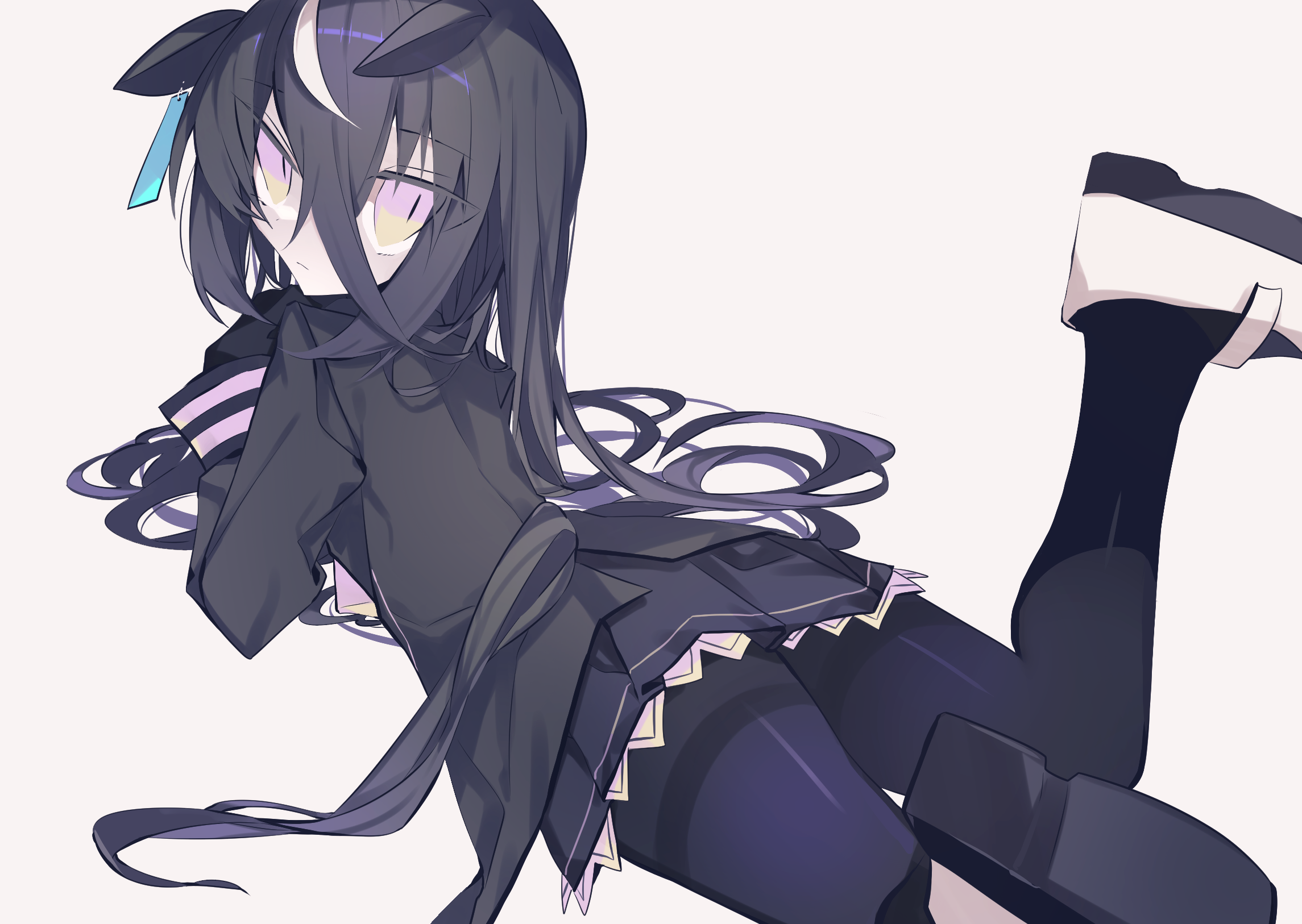 meto (metrin), manhattan cafe (umamusume), umamusume, commentary, highres, symbol-only commentary, 1girl, ahoge, animal ears, black coat, black gloves, black hair, black pantyhose, black skirt, closed mouth, coat, ear ornament, ear tag, earrings, ears down, frown, gloves, hair between eyes, horse ears, horse girl, horse tail, jewelry, long hair, long hair between eyes, long sleeves, looking at viewer, looking back, lying, multicolored hair, on stomach, pantyhose, pleated skirt, simple background, single earring, skirt, solo, tail, thighband pantyhose, very long hair, white background, white hair, yellow eyes