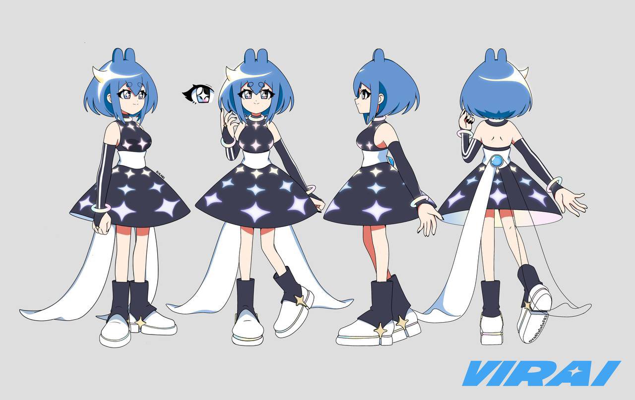 rikani, original, commentary, english commentary, 1girl, black dress, black nails, blue hair, boots, breasts, closed mouth, copyright name, detached sleeves, dress, from behind, from side, full body, grey background, medium breasts, multiple views, sash, short hair, sleeveless, sleeveless dress, smile, standing, star-shaped pupils, star (symbol), straight-on, symbol-shaped pupils, white sash