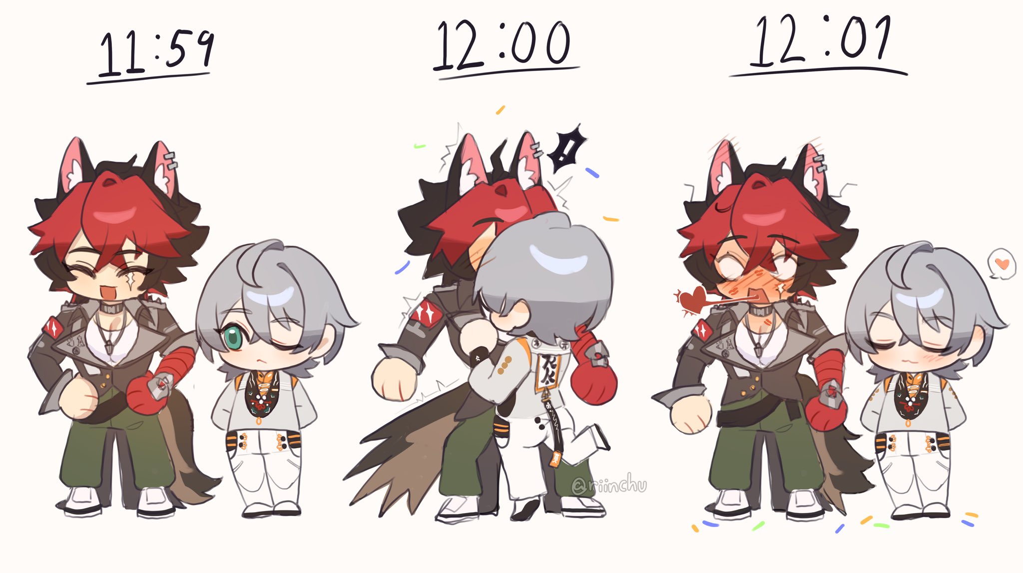 riinchu, komano manato, wise (soaring crane) (zenless zone zero), wise (zenless zone zero), zenless zone zero, commentary, english commentary, highres, !, 2boys, animal ears, bandaged arm, bandaged hand, bandages, black hair, blush, chinese clothes, choker, closed mouth, deformed, dog ears, ear blush, embarrassed, french kiss, green eyes, green pants, grey hair, hair between eyes, heart, height difference, jewelry, kiss, lipstick mark, lipstick mark on face, looking at another, male focus, multicolored hair, multiple boys, multiple views, necklace, official alternate costume, pants, red bandage, red hair, scar, scar on face, shirt, shoes, short hair, simple background, spoken exclamation mark, spoken heart, standing, tiptoes, twitter username, two-tone hair, white background, white pants, white shirt, white shoes, yaoi