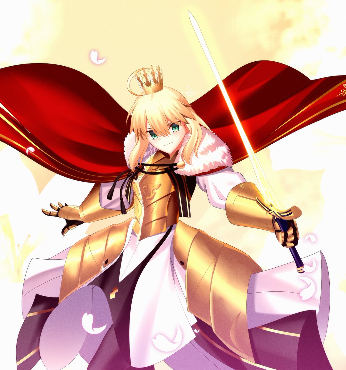 rey r31 44, artoria pendragon (fate), fate/grand order, fate (series), commentary, english commentary, highres, 1girl, ahoge, armor, blonde hair, breastplate, caliburn (fate), cape, crown, gauntlets, gold armor, green eyes, hip armor, lord logres (fate), lord logres (first ascension) (fate), red cape, smile, solo