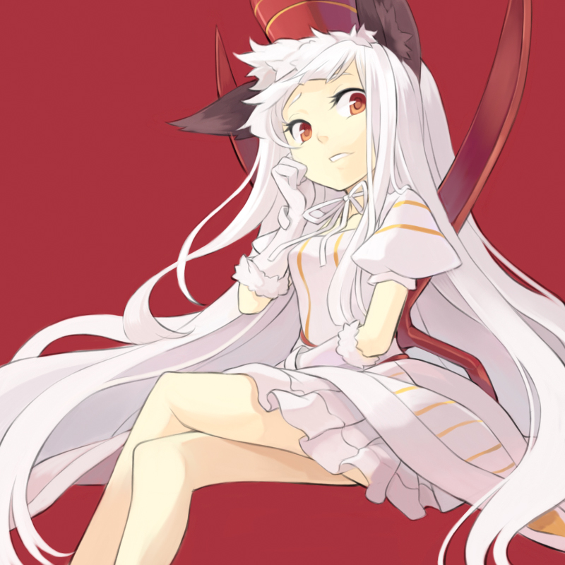 minoa (lastswallow), red queen (lord of vermilion), lord of vermilion, bad id, bad pixiv id, 1girl, animal ears, crossed legs, dress, female focus, gloves, long hair, red eyes, simple background, sitting, solo, white hair