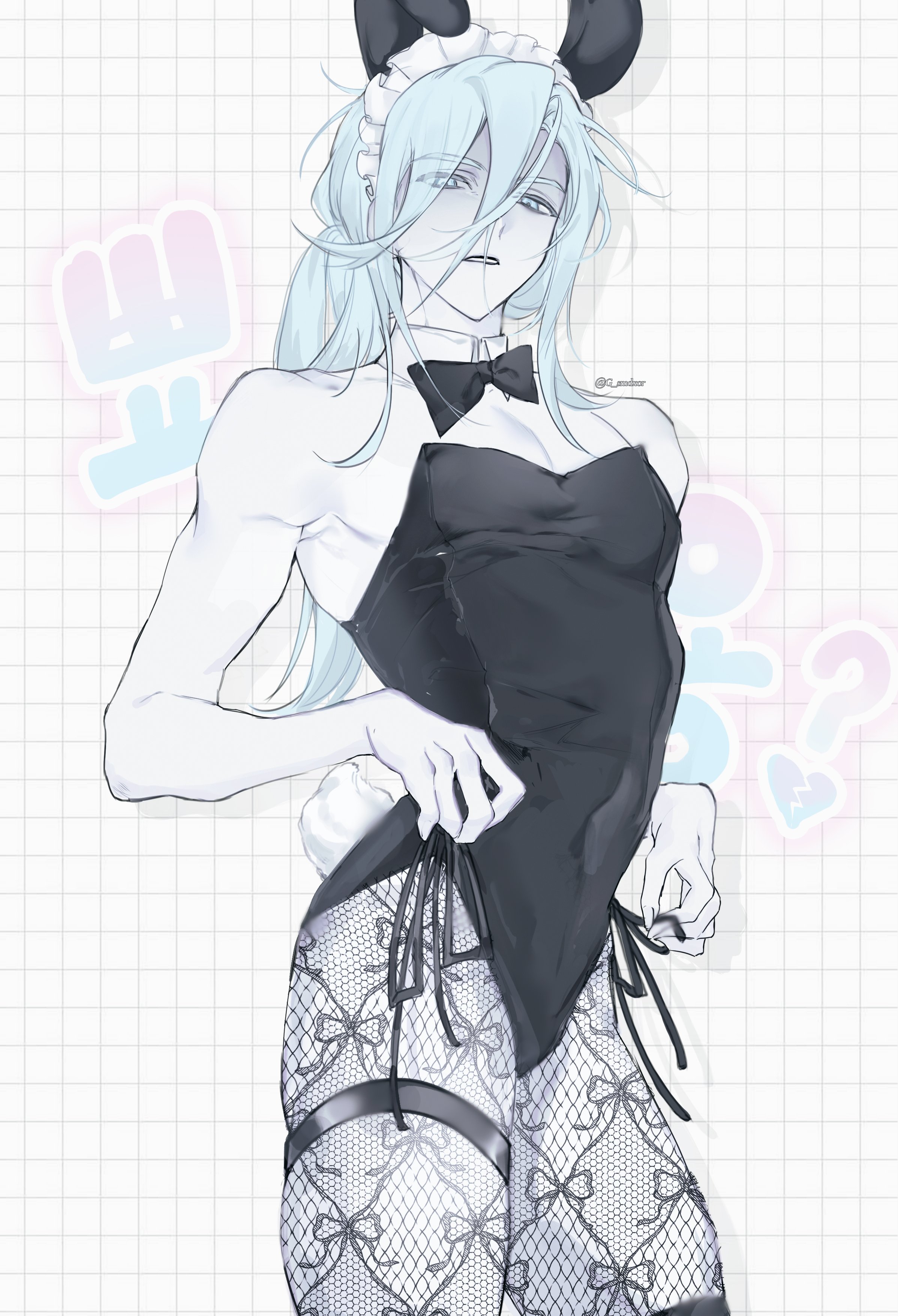 ainchase ishmael, richter (elsword), elsword, absurdres, commentary request, highres, korean commentary, translation request, 1boy, alternate costume, animal ear hairband, animal ears, artist name, bare arms, black bow, black bowtie, black leotard, blue eyes, blue hair, bow, bowtie, cowboy shot, crossdressing, crossdressing (mtf), detached collar, empty eyes, fake animal ears, fake tail, fishnet pantyhose, fishnets, frilled hairband, frills, grid background, hair between eyes, hairband, highleg, highleg leotard, korean text, leotard, long hair, looking at viewer, male focus, male playboy bunny, pale skin, pantyhose, parted lips, playboy bunny, ponytail, rabbit ears, rabbit tail, shaded face, simple background, smdxor g, solo, strapless, strapless leotard, tail, text background, thigh strap, toned, toned male, traditional bowtie, twitter username, very long hair, wing collar
