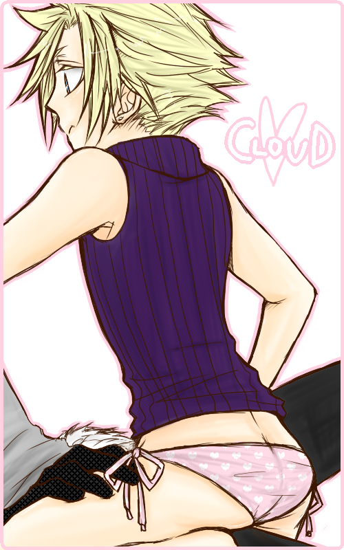 cloud strife, final fantasy, final fantasy vii, 1990s (style), ass, blonde hair, blue eyes, male focus, panties, short hair, side-tie panties, sitting, underwear, yaoi