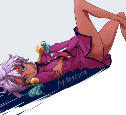 ouchi, sezo (shizuku), chida mamiya, shoujo kakumei utena, bad id, bad pixiv id, lowres, 1990s (style), 1boy, androgynous, blouse, bottomless, character name, crossed arms, dark-skinned male, dark skin, green hair, hair between eyes, high collar, lying, male focus, purple hair, purple shirt, retro artstyle, shirt, short hair, simple background, solo, trap