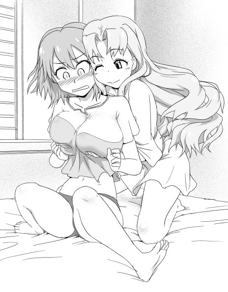 og (pixiv), og (tofukoz0), aria (seiken no blacksmith), cecily cambell, seiken no blacksmith, bad id, bad pixiv id, 00s, 2girls, barefoot, blush, breasts, grabbing another's breast, greyscale, groping, large breasts, long hair, monochrome, multiple girls, panties, surprised, underwear, yuri