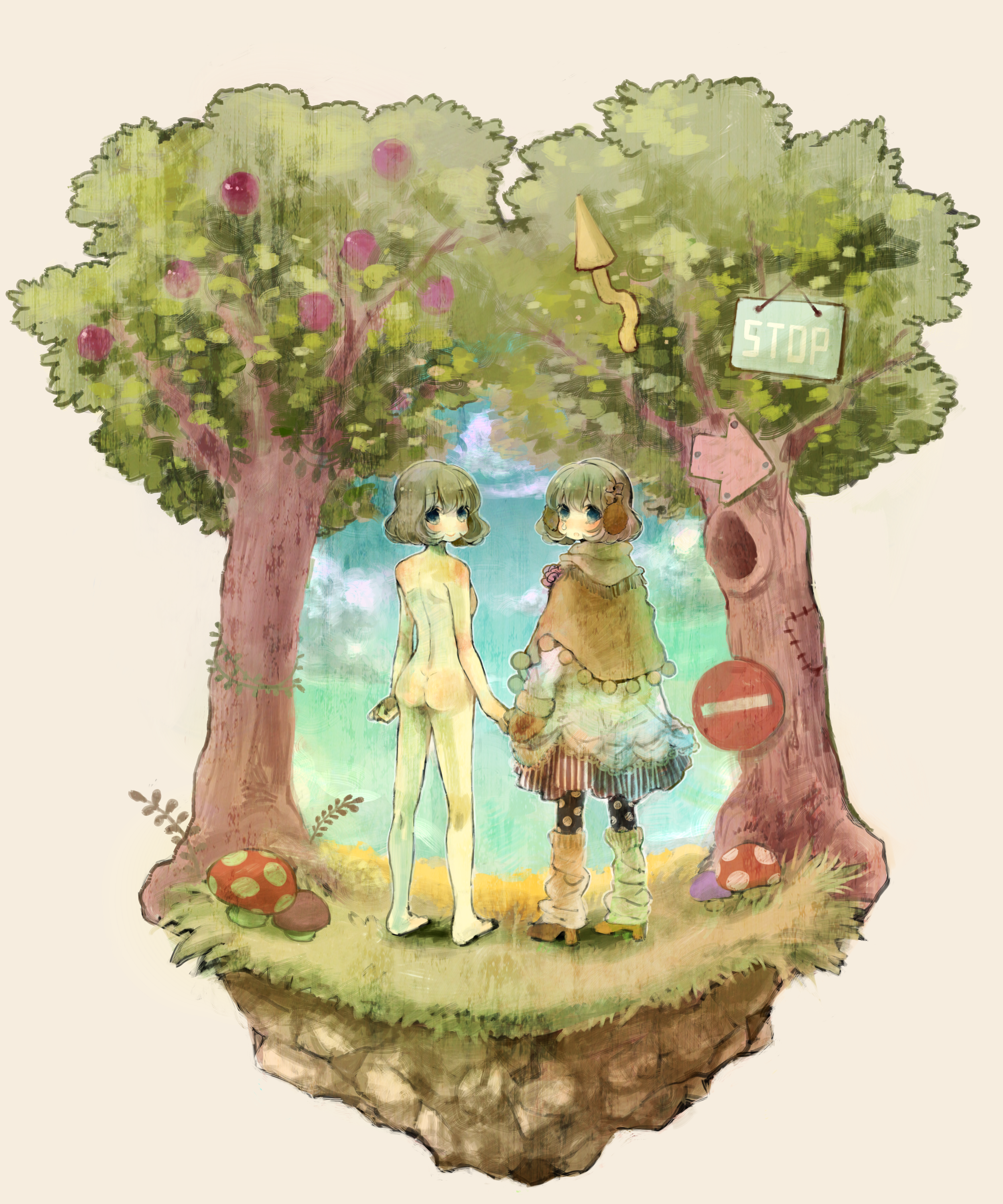 konako, original, absurdres, bad id, bad pixiv id, highres, arrow (projectile), ass, blue eyes, brown hair, coat, dual persona, earmuffs, gloves, high heels, holding hands, leg warmers, looking back, mushroom, nude, pantyhose, shoes, short hair, sign, skirt, smile, tears, tree