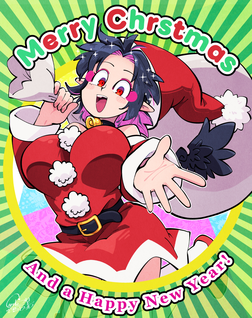carte, shameimaru aya, touhou, commentary request, 1girl, bare shoulders, bird wings, black hair, black wings, blush, breasts, christmas, dress, fur-trimmed dress, fur-trimmed headwear, fur trim, hat, holding, holding sack, large breasts, looking at viewer, merry christmas, open mouth, pointy ears, pom pom (clothes), red dress, red eyes, red hat, sack, santa costume, santa dress, santa hat, short hair, solo, tengu, wings