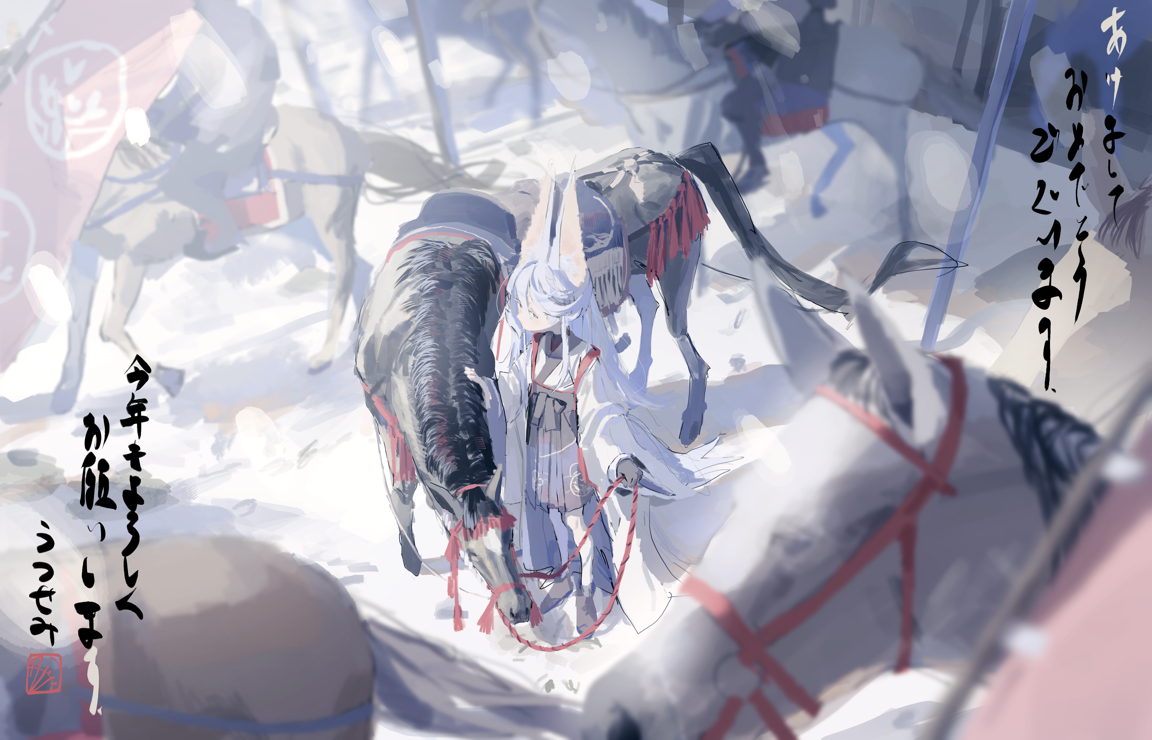 utsusemi 1024, original, absurdres, commentary request, highres, translation request, 1girl, 2026, animal, black gloves, blurry, blurry background, chinese zodiac, from above, gloves, happy new year, holding, holding reins, horse, horse girl, horseback riding, japanese clothes, kimono, long hair, looking at viewer, new year, nontraditional miko, petite, purple eyes, reins, riding, saddle, samurai, scenery, sidelocks, soldier, solo focus, surrounded, tail, tassel, white hair, year of the horse