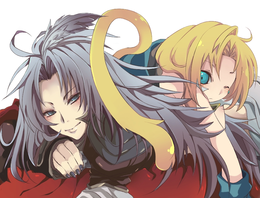 inumimi-syndrome, kuja, zidane tribal, dissidia final fantasy, final fantasy, final fantasy ix, silver hair, 00s, 2boys, androgynous, blonde hair, blue eyes, bottomless, long hair, lying, male focus, multiple boys, smile, tail, wink