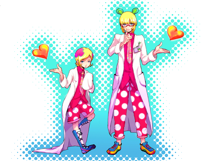 irabu ichirou, kuuchuu buranko, trapeze, 00s, blonde hair, blue eyes, doctor, glasses, lab coat, male focus, necktie, polka dot, short hair, standing, time paradox