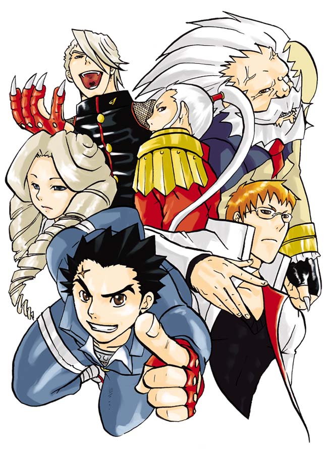 ichimonji batsu, imawano hyo, imawano raizo, kagami kyosuke, kirishima kurow, kirishima yurika, justice gakuen, moero! justice gakuen, bad id, bad pixiv id, 1girl, 5boys, brother and sister, drill hair, father and son, multiple boys, siblings, twin drills, twins, twintails