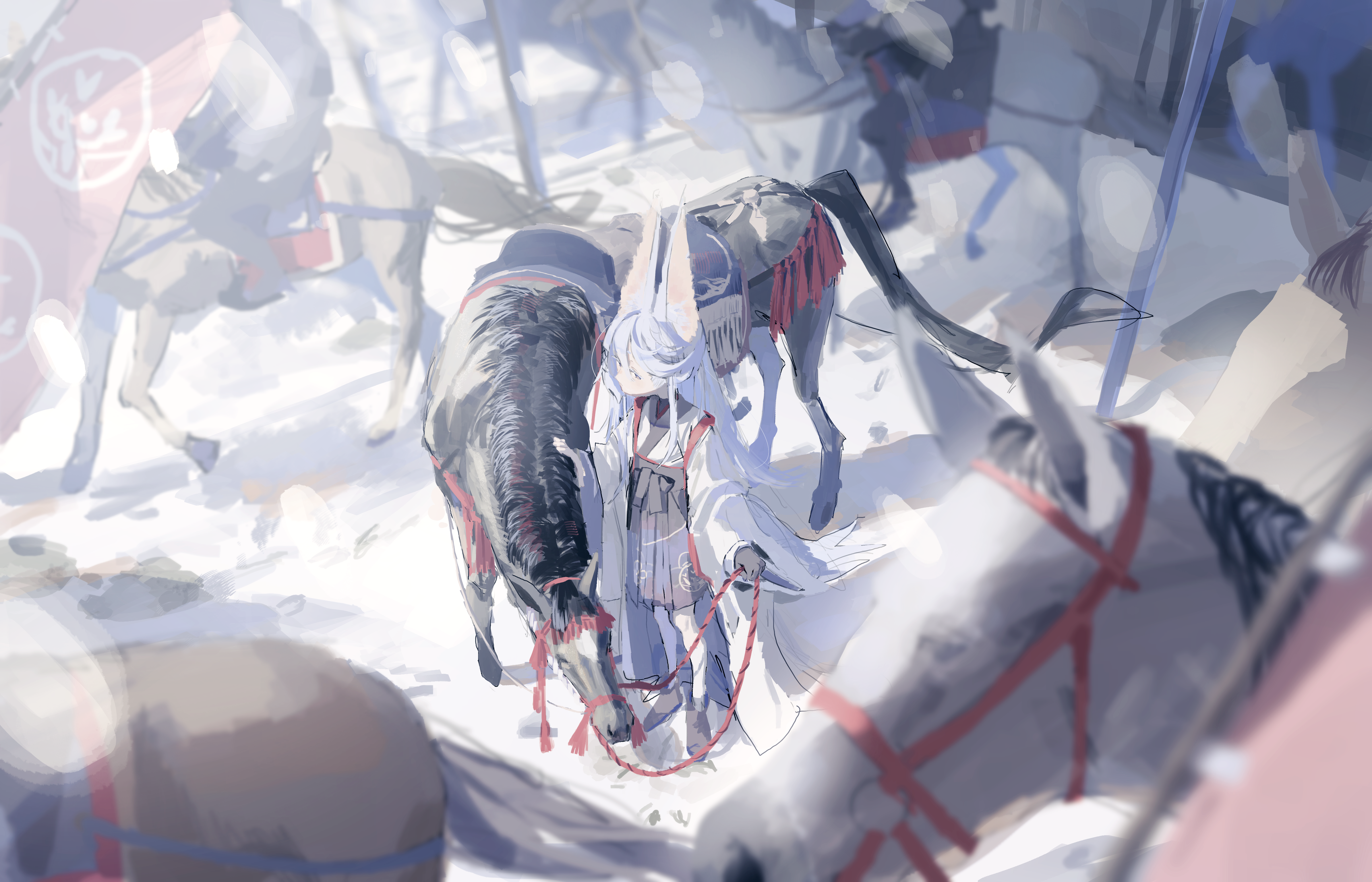 utsusemi 1024, original, absurdres, commentary request, highres, 1girl, 2026, animal, black gloves, blurry, blurry background, chinese zodiac, from above, gloves, happy new year, holding, holding reins, horse, horse girl, horseback riding, japanese clothes, kimono, long hair, looking at viewer, new year, nontraditional miko, petite, purple eyes, reins, riding, saddle, samurai, scenery, sidelocks, soldier, solo focus, surrounded, tail, tassel, white hair, year of the horse