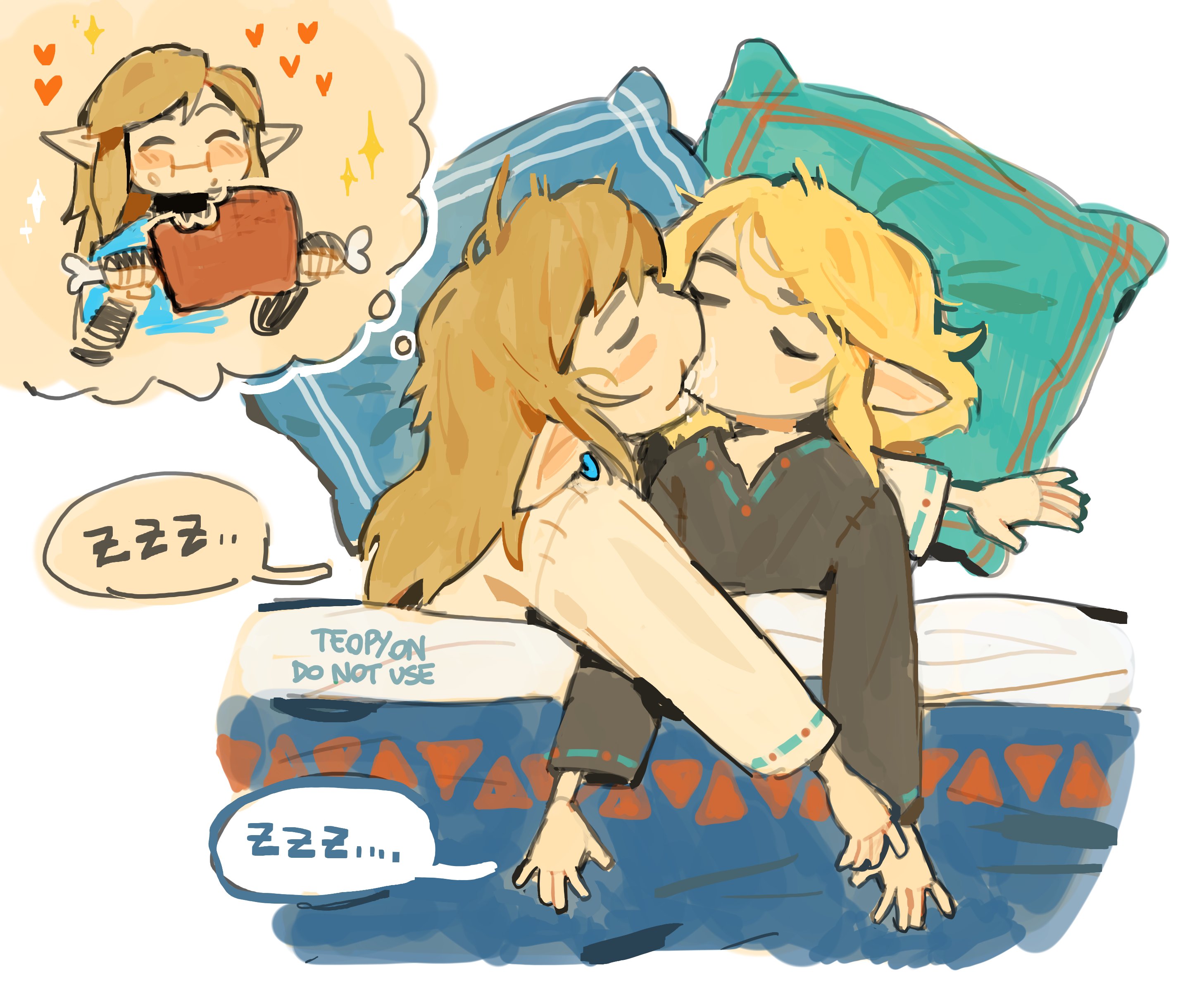 pyonteo, link, princess zelda, nintendo, the legend of zelda, the legend of zelda: breath of the wild, the legend of zelda: tears of the kingdom, commentary, english commentary, highres, photo-referenced, 1boy, 1girl, biting, biting cheek, black pajamas, blanket, blonde hair, boned meat, chewing, closed eyes, cuddling, dreaming, earrings, eating, english text, food, from above, head on pillow, heart, holding, holding food, jewelry, long hair, lying, meat, messy hair, on back, on side, pajamas, pillow, pointy ears, signature, single earring, sleeping, sparkle, speech bubble, spoken zzz, thought bubble, under covers, white background, white pajamas, zzz