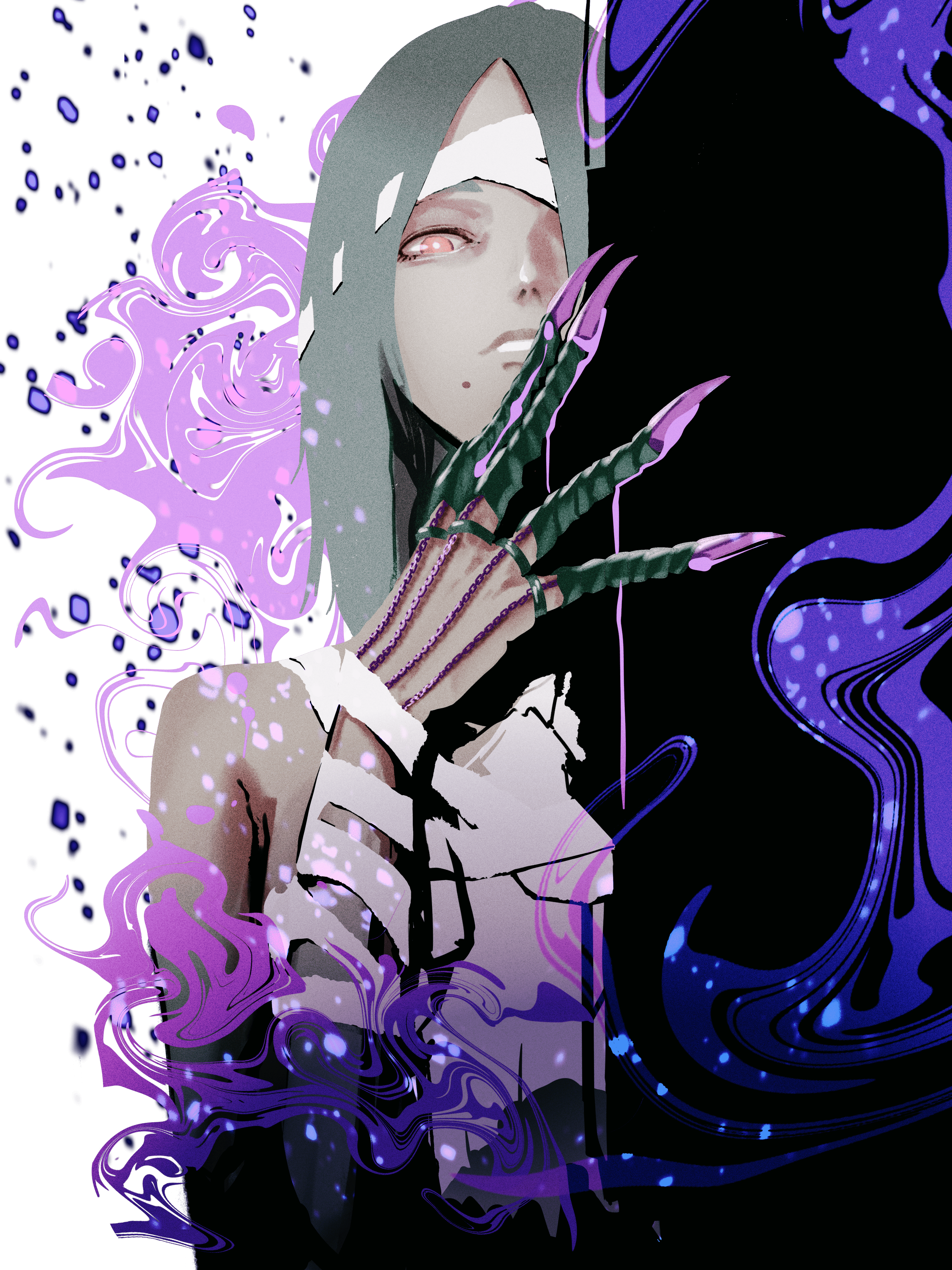 a.k.i. (street fighter), street fighter, street fighter 6, absurdres, commentary request, highres, 1girl, bandage over one eye, bandages, canashimidomino, claw ring, glowing, glowing eyes, grey hair, hair over one eye, long hair, mole, mole under mouth, official alternate costume, purple eyes, solo