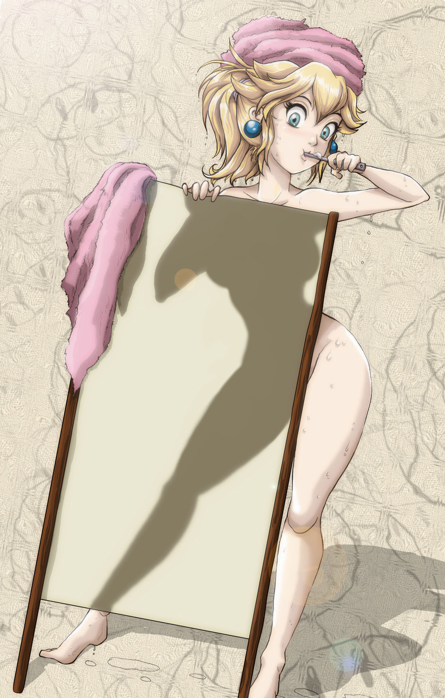 jay phenrix, princess peach, mario (series), nintendo, super mario bros. 1, highres, 1girl, blonde hair, blue eyes, brushing teeth, earrings, feet, female focus, jewelry, nude, screen, sexually suggestive, shadow, showering, silhouette, solo, standing, toothbrush, towel, wet