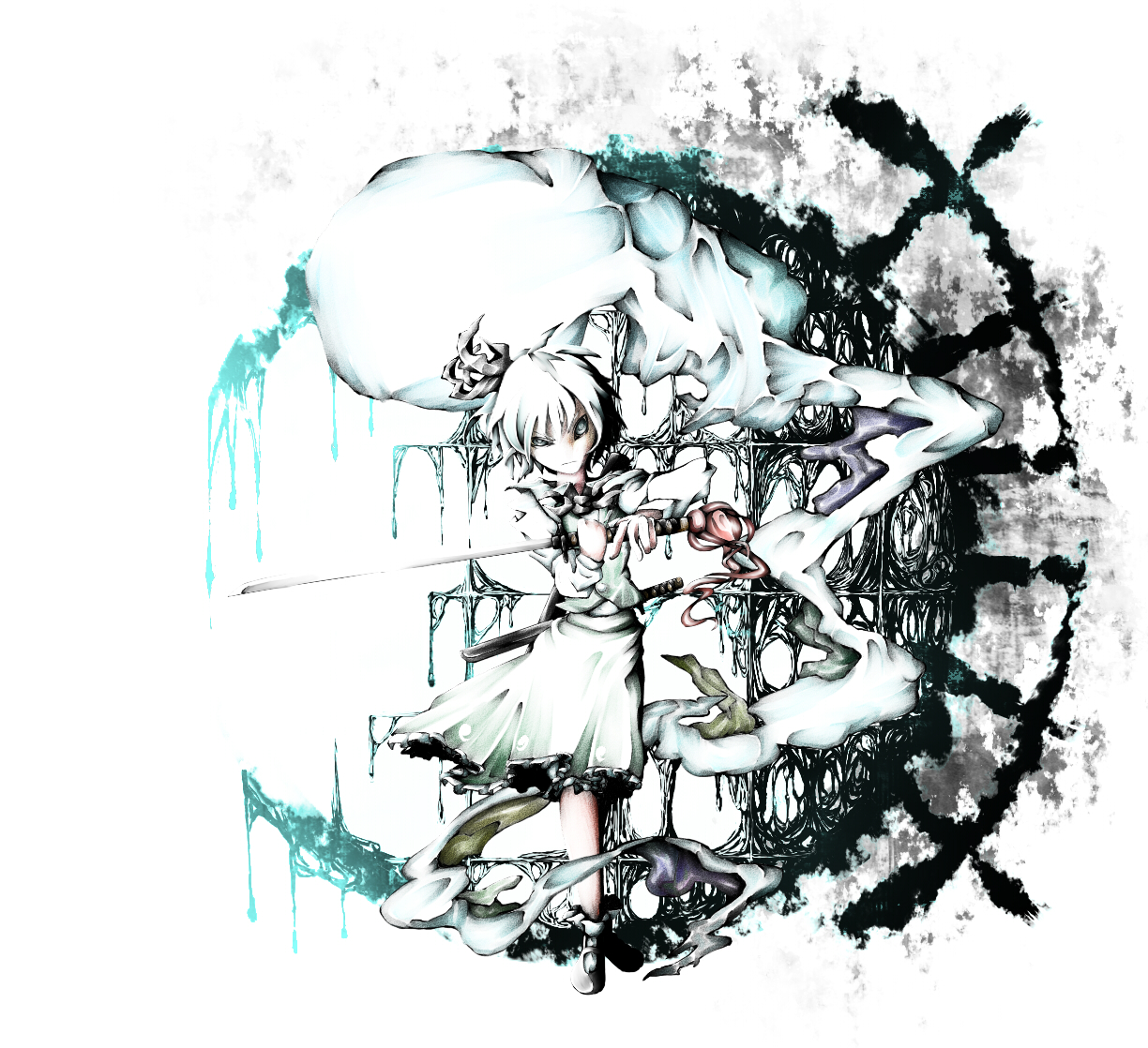 fujinohara akihira, konpaku youmu, konpaku youmu (ghost), touhou, silver hair, bad id, bad pixiv id, 1girl, female focus, glaring, hairband, katana, short hair, solo, sword, weapon