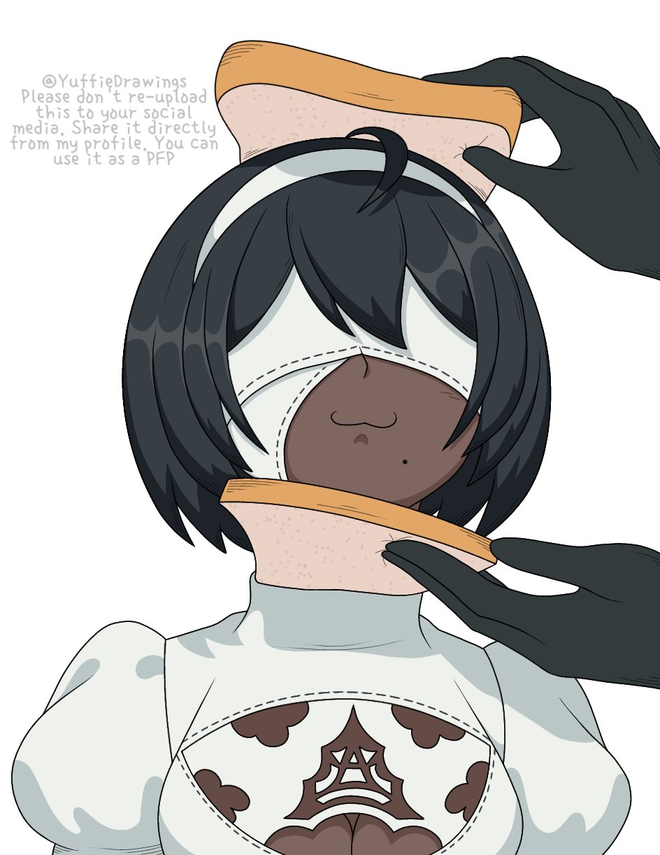 yuffie drawings, 2p (nier:automata), 9s (nier:automata), nier:automata, nier (series), commentary, english commentary, highres, variant set, 1boy, 1girl, 2025, :3, ahoge, black hair, blindfold, breasts, cleavage, dark-skinned female, dark skin, dress, english text, engrish text, food, hairband, heattech leotard, juliet sleeves, large breasts, long sleeves, mole, mole under mouth, puffy sleeves, ranguage, sandwich, short hair, simple background, straight-on, upper body, white background, white dress, white hairband