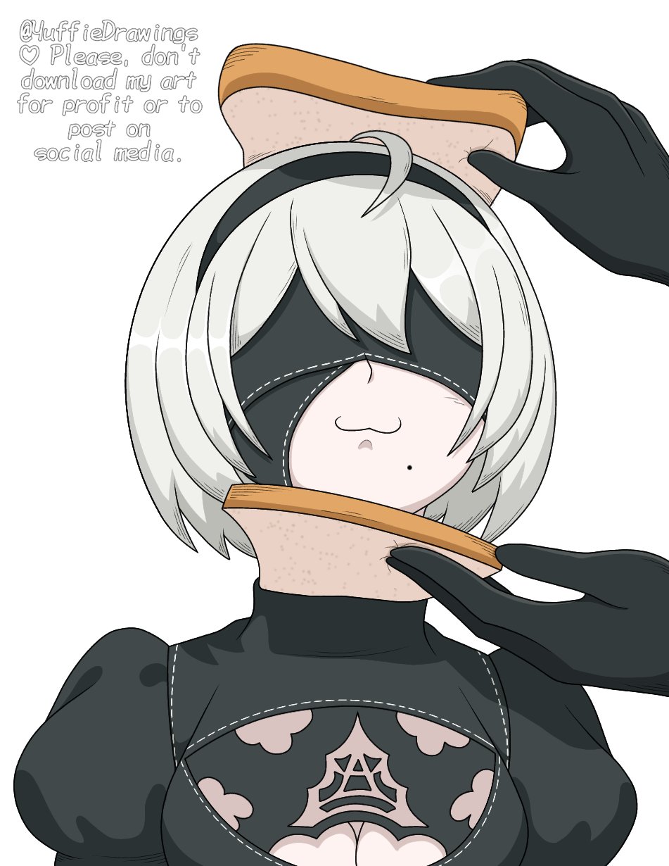 yuffie drawings, 2b (nier:automata), 9s (nier:automata), nier:automata, nier (series), commentary, english commentary, highres, variant set, 1boy, 1girl, 2025, :3, ahoge, black dress, black hairband, blindfold, breasts, cleavage, dress, english text, engrish text, food, hairband, heattech leotard, juliet sleeves, large breasts, long sleeves, mole, mole under mouth, puffy sleeves, ranguage, sandwich, sandwiched, short hair, simple background, straight-on, upper body, white background, white hair