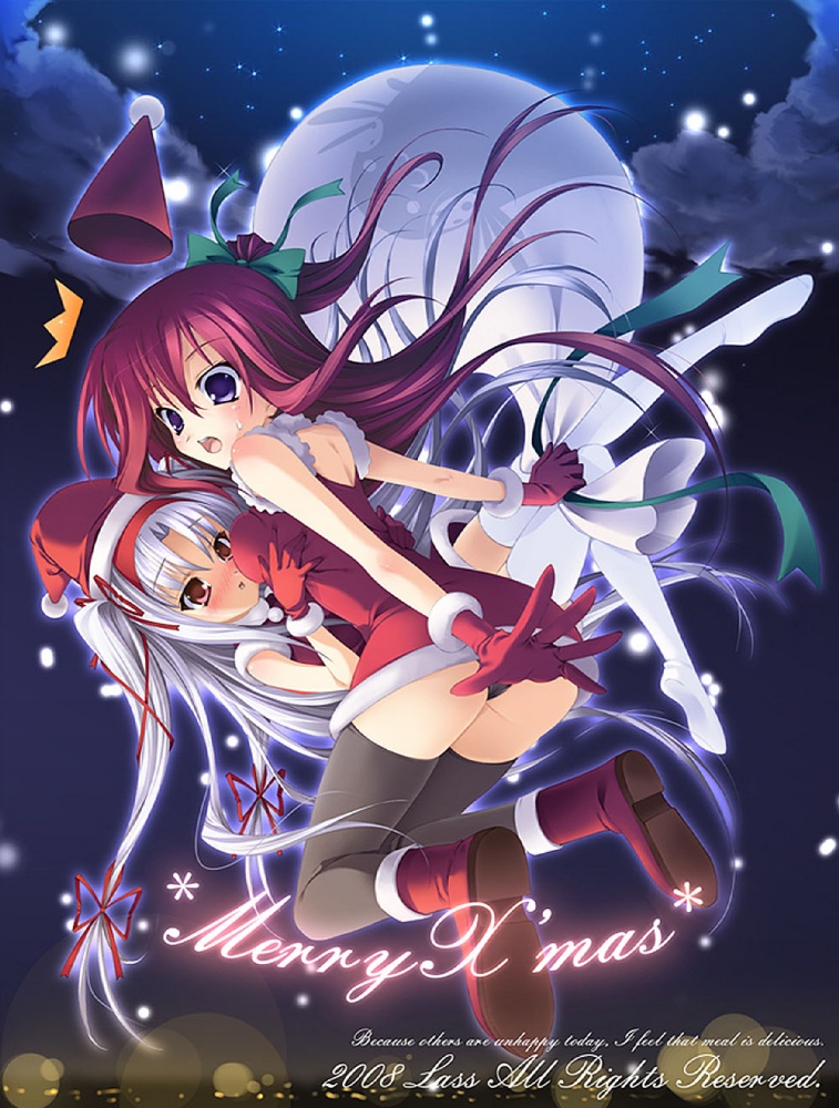 hayakawa harui, kusakabe misuzu, momono shiori, 11eyes, 00s, 2girls, christmas, long hair, multiple girls, purple hair, red hair, santa costume, yuri