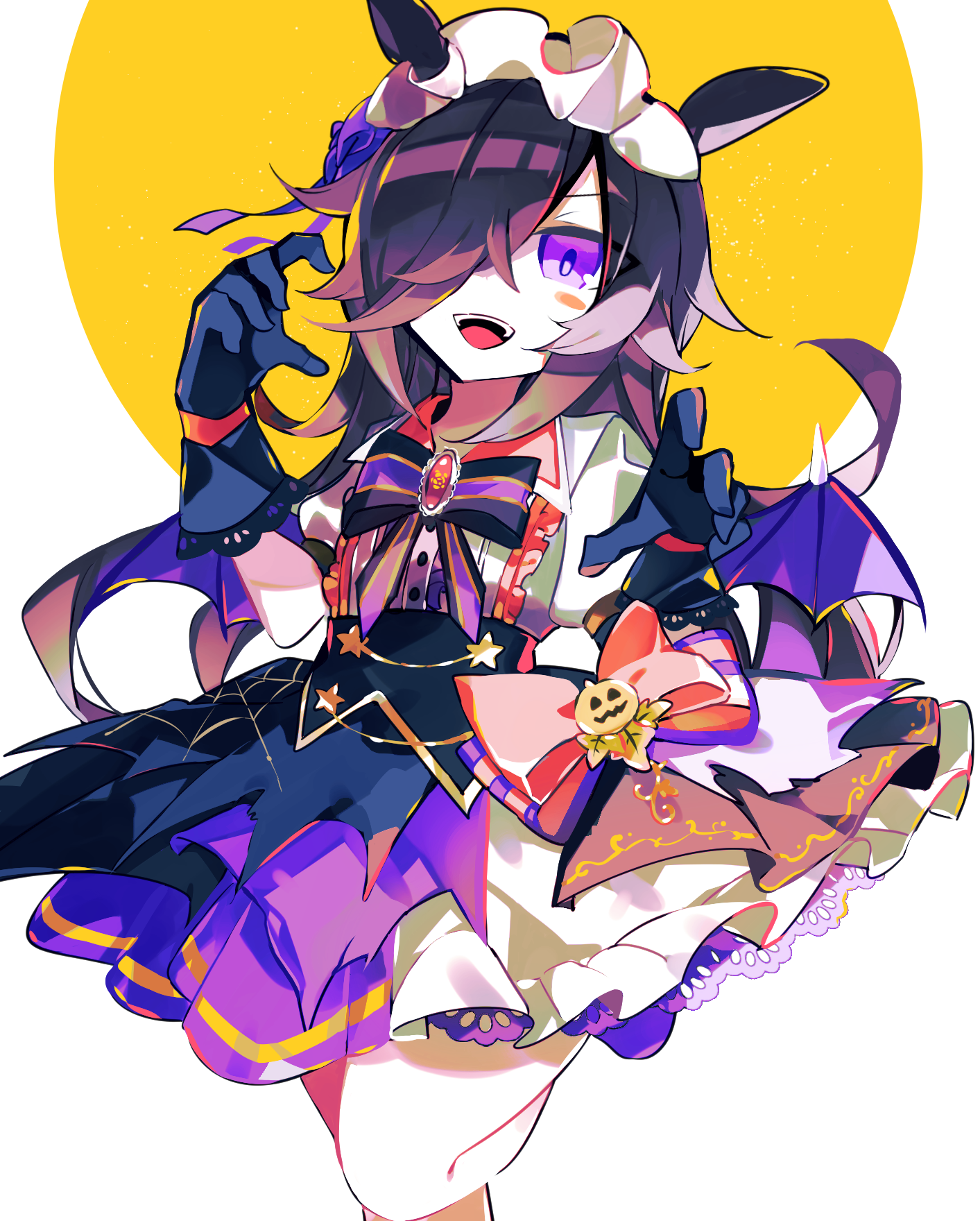 meto (metrin), rice shower (umamusume), rice shower (vampire makeover!) (umamusume), umamusume, commentary request, highres, 1girl, animal ears, bat wings, black gloves, black hair, blue eyes, blue skirt, blush, claw pose, gloves, hair over one eye, high-waist skirt, horse ears, horse girl, lace, lace-trimmed gloves, lace trim, long hair, maid headdress, open mouth, skirt, smile, solo, teeth, upper teeth only, wings