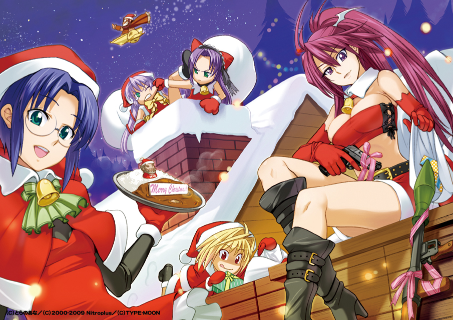 inue shinsuke, al azif (demonbane), arcueid brunestud, ciel (tsukihime), etheldreda, ignis (jingai makyou), iskandar (fate), demonbane, fate/zero, fate (series), jingai makyou, nitroplus, tsukihime, type-moon, character request, 00s, 1boy, 5girls, blonde hair, boots, breasts, bustier, cheek pinching, chimney, christmas, cleavage, crossover, curry, elbow gloves, food, glasses, gloves, gun, hat, large breasts, lingerie, long hair, medium breasts, midriff, miniskirt, multiple girls, pinching, ponytail, purple eyes, rocket launcher, rooftop, santa costume, santa hat, sitting, skirt, snow, trigger discipline, underwear, weapon