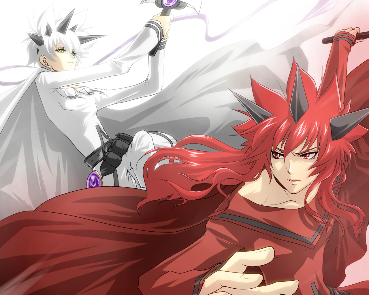 chona, akai kiri, shiroi kumo, final fantasy, final fantasy unlimited, 00s, 2boys, brothers, green eyes, male focus, multiple boys, red eyes, red hair, siblings, sword, weapon, white hair