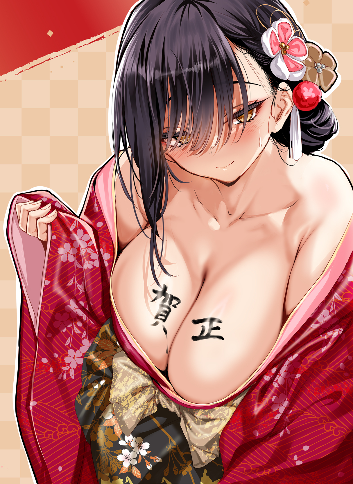 cle masahiro, original, highres, 1girl, bare shoulders, black hair, blush, body writing, breasts, cleavage, collarbone, floral print, hair bun, hair ornament, japanese clothes, kimono, large breasts, long sleeves, looking at viewer, off shoulder, red kimono, smile, solo, wide sleeves, yellow eyes
