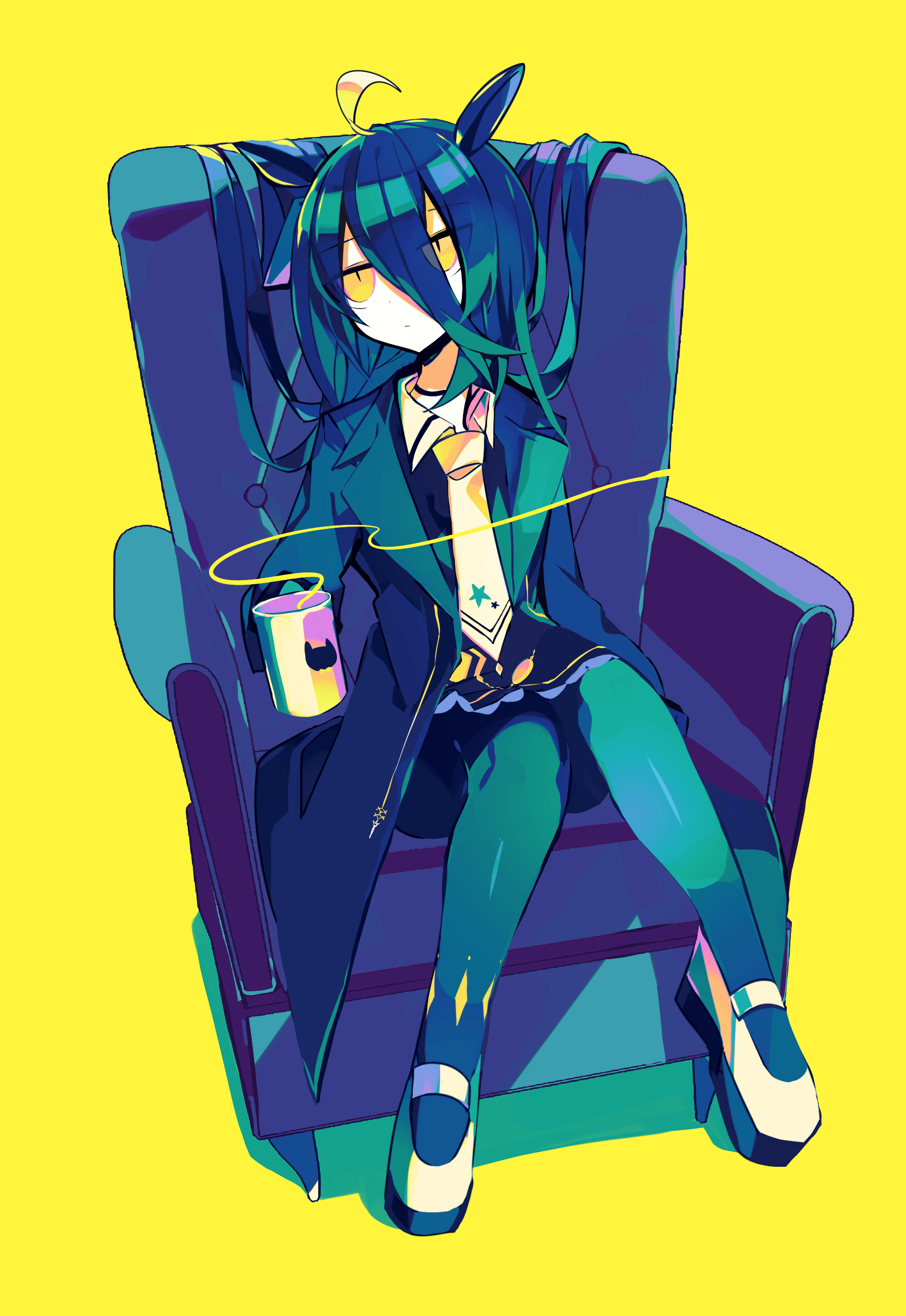 meto (metrin), manhattan cafe (creeping shadow) (umamusume), manhattan cafe (umamusume), umamusume, absurdres, commentary, highres, symbol-only commentary, 1girl, ahoge, black choker, black coat, black hair, black pantyhose, black shirt, black skirt, blending, blonde hair, choker, closed mouth, coat, contrast collar, couch, expressionless, hair between eyes, hair spread out, light trail, long hair, long hair between eyes, long sleeves, multicolored hair, necktie, on couch, open clothes, open coat, pantyhose, pleated skirt, shirt, shoes, simple background, sitting, skirt, solo, steam, very long hair, white hair, white shoes, yellow background, yellow eyes, yellow necktie