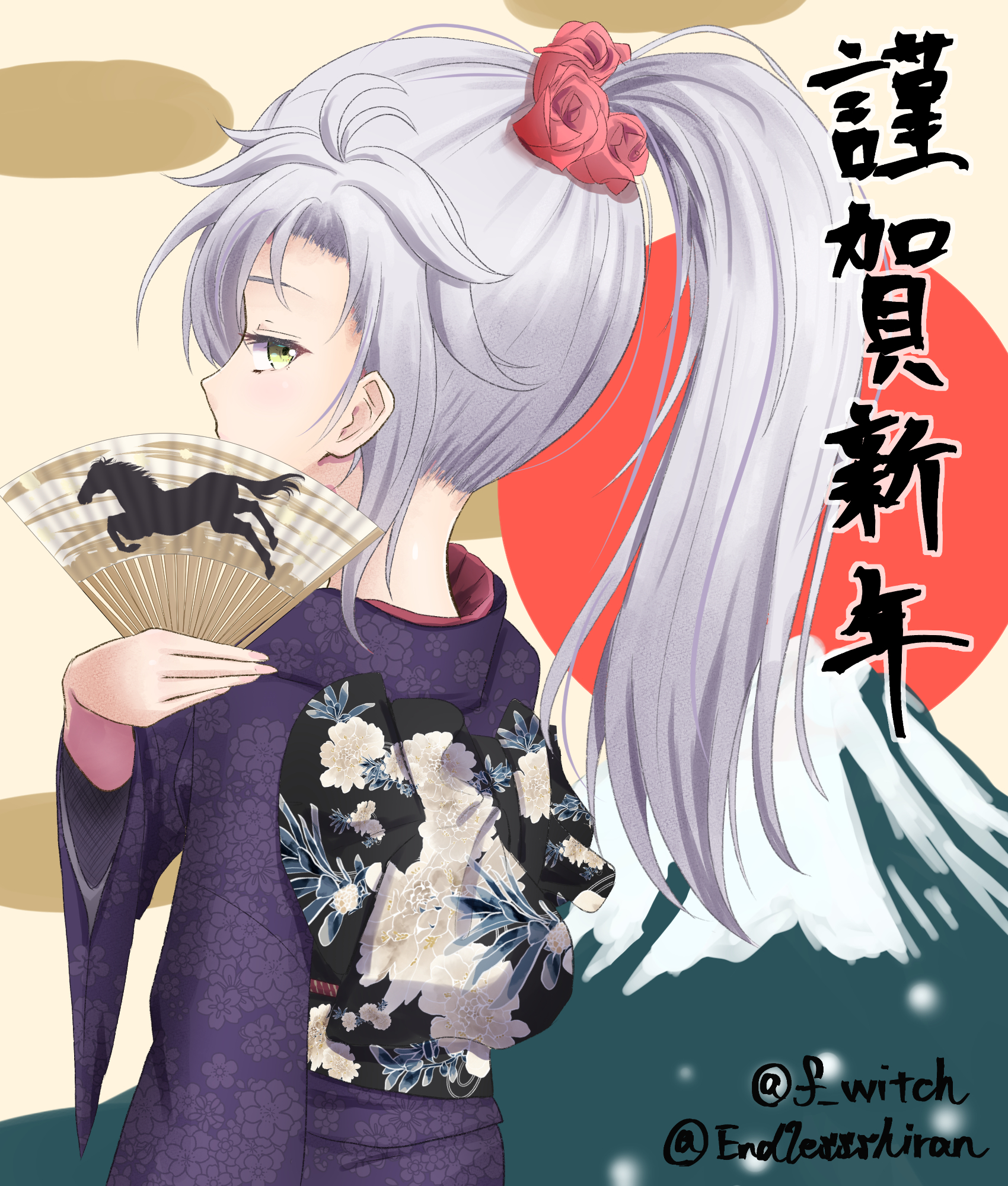witch f, fie claussell, eiyuu densetsu, sen no kiseki (series), commentary request, highres, 1girl, covered mouth, floral print, floral print kimono, folding fan, green eyes, hand fan, holding, holding fan, instagram username, japanese clothes, kimono, long hair, looking at viewer, mount fuji, new year, ponytail, print kimono, sidelocks, solo, twitter username, upper body, white hair