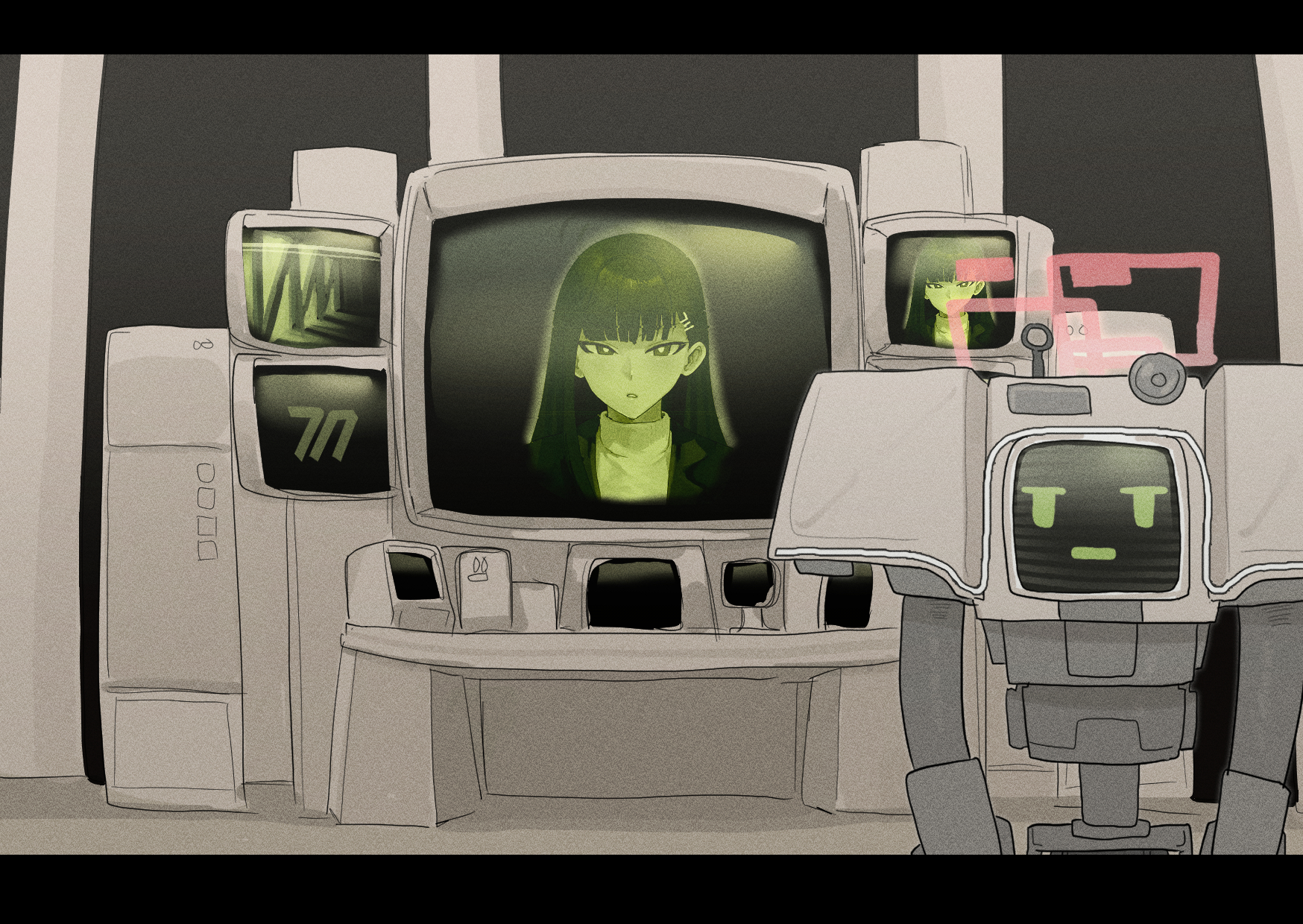 fuka (kantoku), rio (blue archive), blue archive, fallout, fallout: new vegas, commentary request, highres, 1girl, crt, halo, indoors, letterboxed, long hair, looking at viewer, parody, pink halo, robot, screen, securitron (fallout), solo, upper body