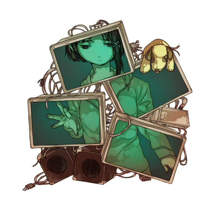 gachimuchi honpo, sagami jon, bike-chan, iwakura lain, serial experiments lain, bad id, bad pixiv id, 1990s (style), 1girl, asymmetrical hair, blouse, brown eyes, brown hair, cable, dog, frown, hair ornament, hairclip, half-closed eyes, monitor, retro artstyle, shirt, short hair, speaker, stuffed animal, stuffed toy, white shirt