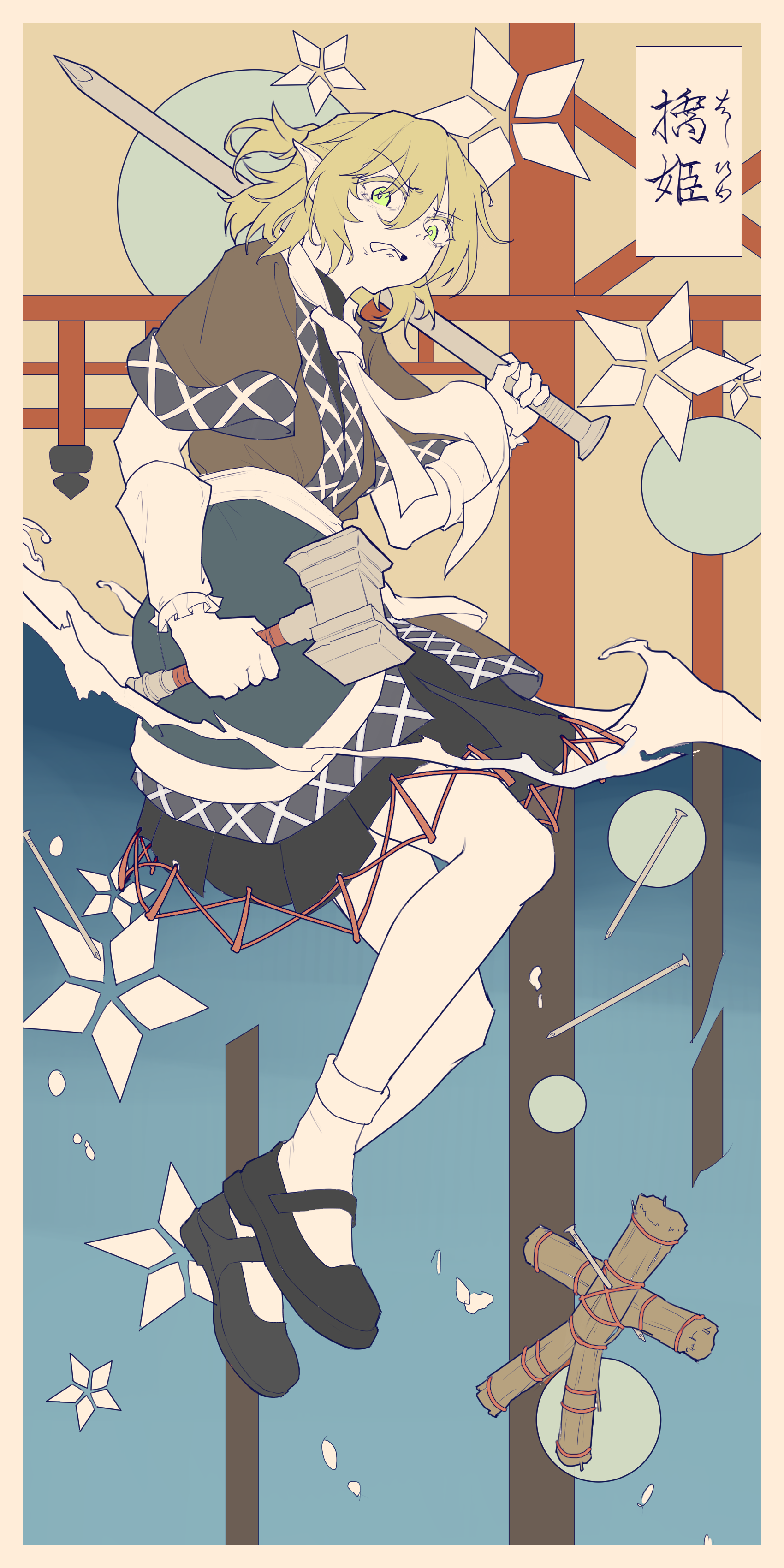 kto znaet, mizuhashi parsee, touhou, absurdres, commentary, english commentary, highres, 1girl, arm warmers, black shoes, black skirt, blonde hair, brown shirt, clenched teeth, flower, full body, green eyes, hammer, holding, holding hammer, holding nail, looking at viewer, mary janes, nail (hardware), pleated skirt, pointy ears, ponytail, sash, scarf, shirt, shoes, short hair, short ponytail, short sleeves, skirt, socks, solo, straw doll, teeth, v-shaped eyebrows, water, white socks